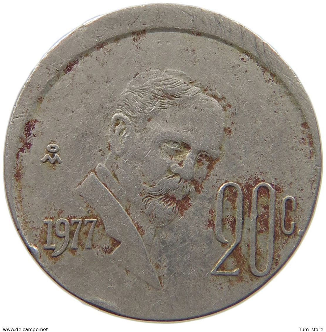 MEXICO 20 CENTAVOS 1977 MINTING ERROR OFF-CENTER #MA 023493 - Mexique