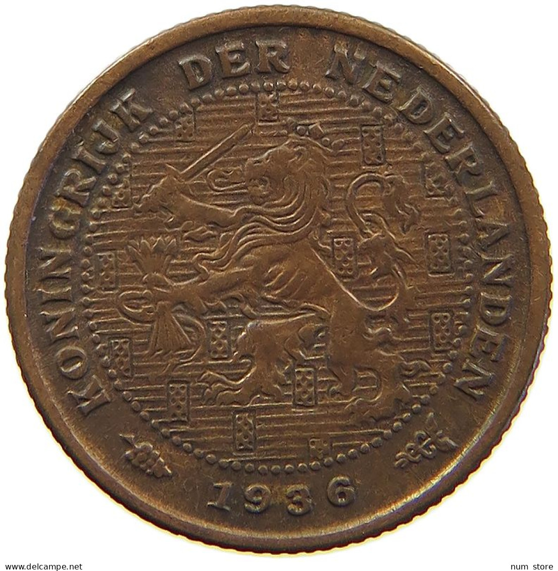 NETHERLANDS 1/2 CENT 1936 WILHELMINA 1890-1948 #MA 067286 - 0.5 Centavos