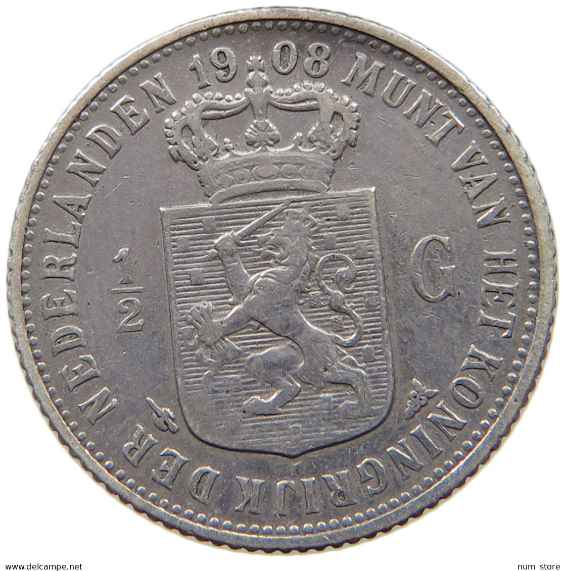 NETHERLANDS 1/2 GULDEN 1908  #MA 011799 - 1/2 Florín Holandés (Gulden)