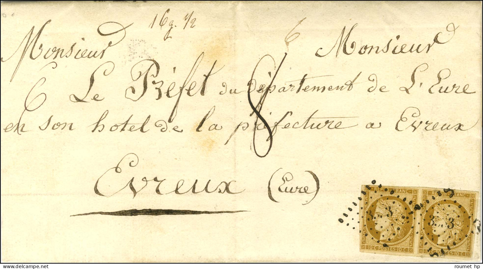 PC 3533 (Vernon) / N° 1 Bistre Brun, Paire Sur Lettre 3 Ports Insuffisamment Affranchie Pour Evreux. Au Recto, Taxe 8 Et - 1849-1850 Cérès