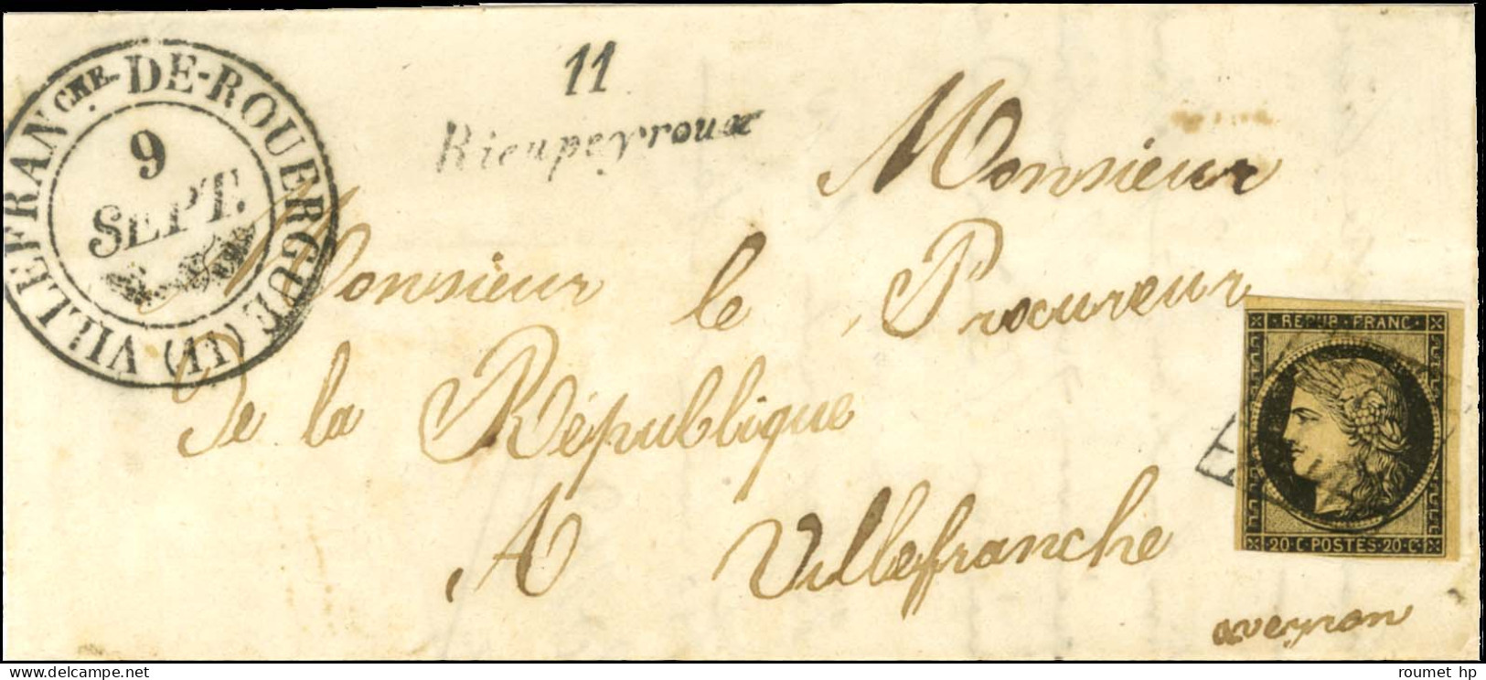 Grille / N° 3 (leg Def) Càd T 13 VILLEFRANche-DE-ROUERGUE (11) Cursive 11/ Rieupeyroux Sur Lettre Pour Villefranche. 184 - 1849-1850 Cérès