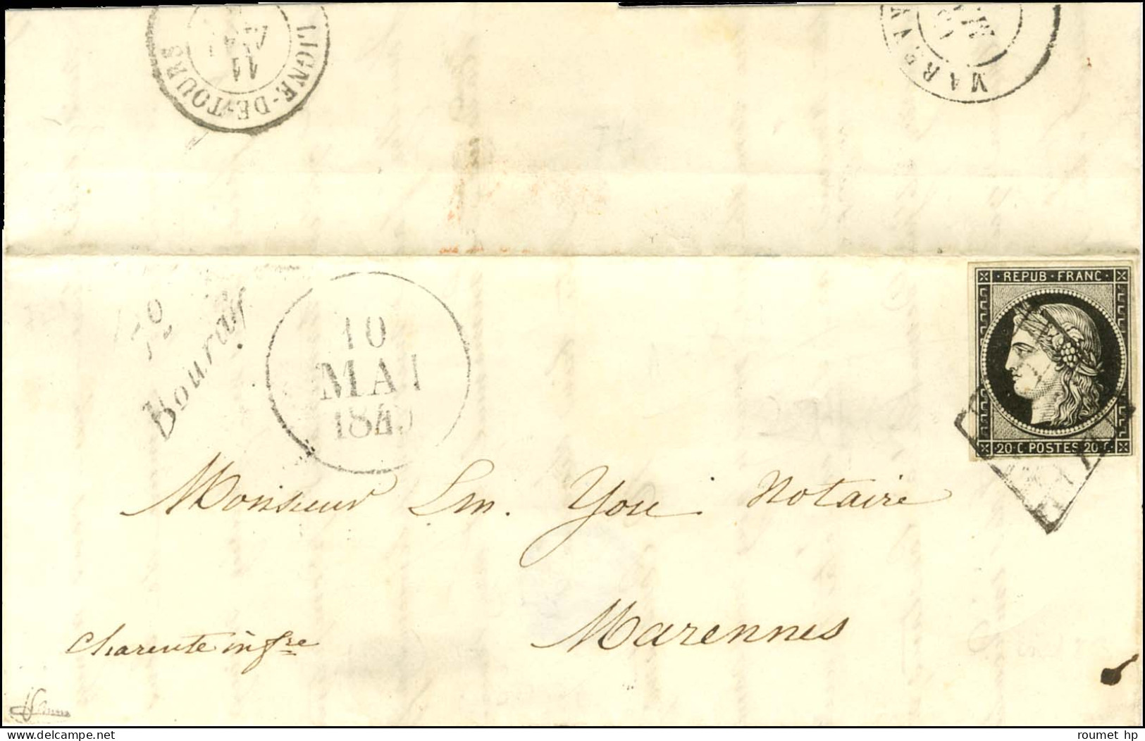 Grille / N° 3 Cursive 72 / Bouray Dateur A 10 MAI 1849 Sur Lettre Avec Texte Daté De Saint Vrain Pour Marennes. Au Verso - 1849-1850 Ceres