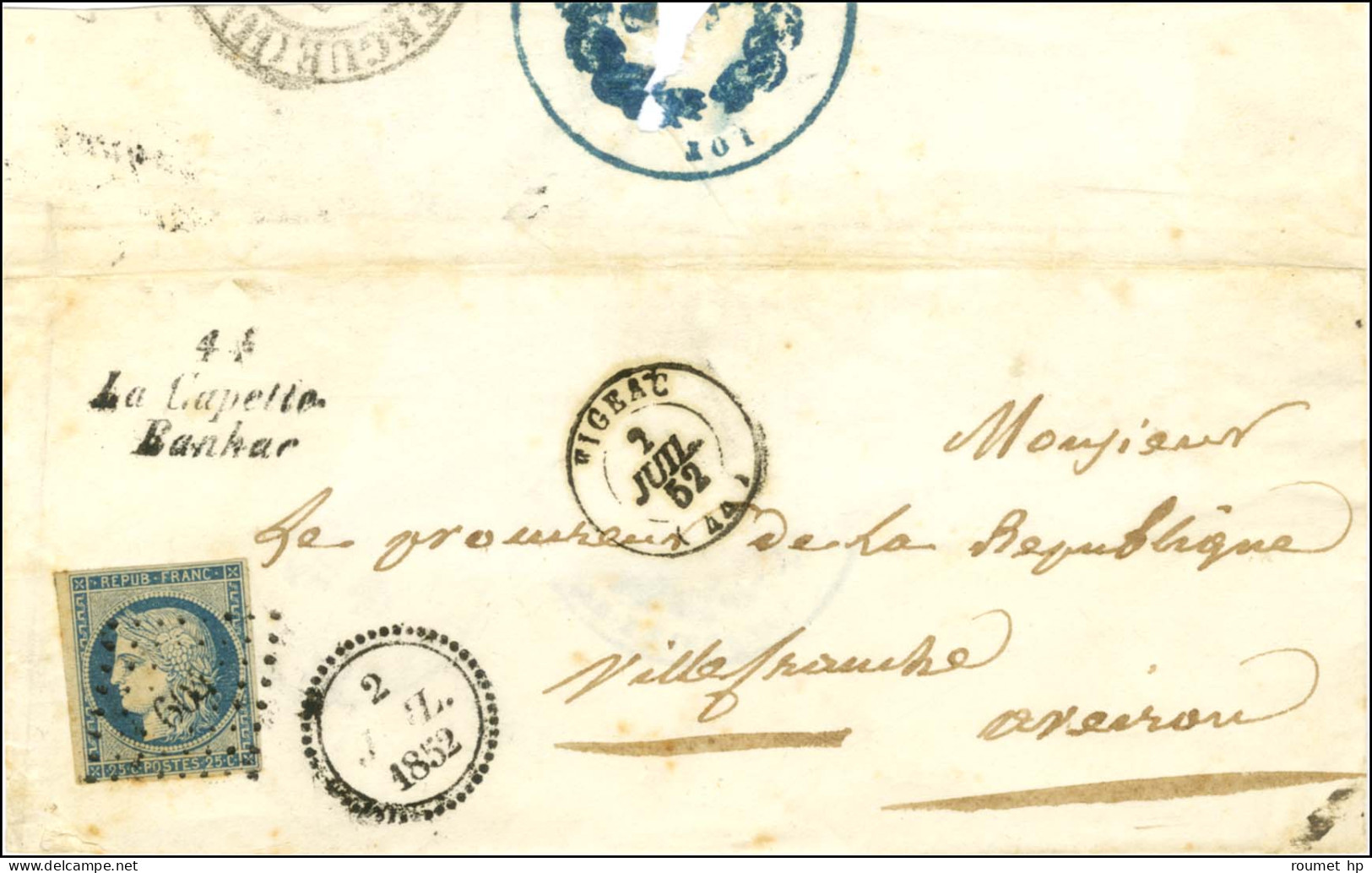 PC 604 / N° 4 Càd T 15 FIGEAC (44) Cursive 44 / La Capelle / Banhac Dateur B 2 JUIL. 1852 Sur Lettre Pour Villefranche.  - 1849-1850 Cérès