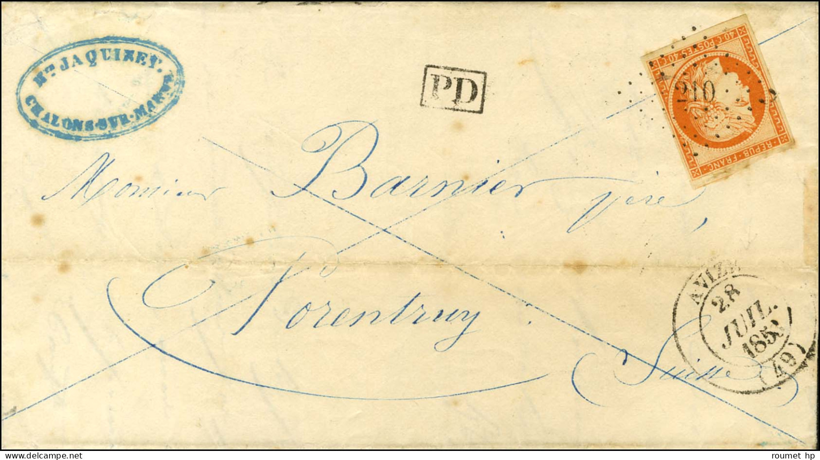 PC 210 / N° 5 Orange Vif (infime Froissure) Càd T 14 AVIZE (49) Sur Lettre Pour La Suisse. 1853. - TB. - R. - 1849-1850 Ceres