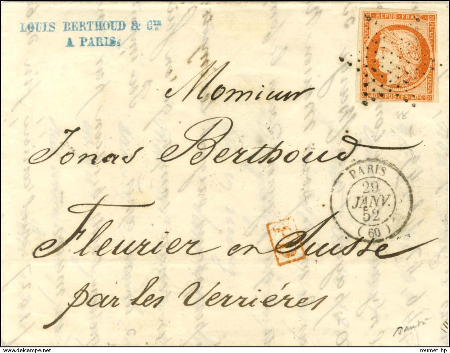 Etoile / N° 5 Càd PARIS (60) Sur Lettre Pour Fleurier. Au Verso, Càd D'arrivée. 1852. - TB / SUP. - R. - 1849-1850 Cérès