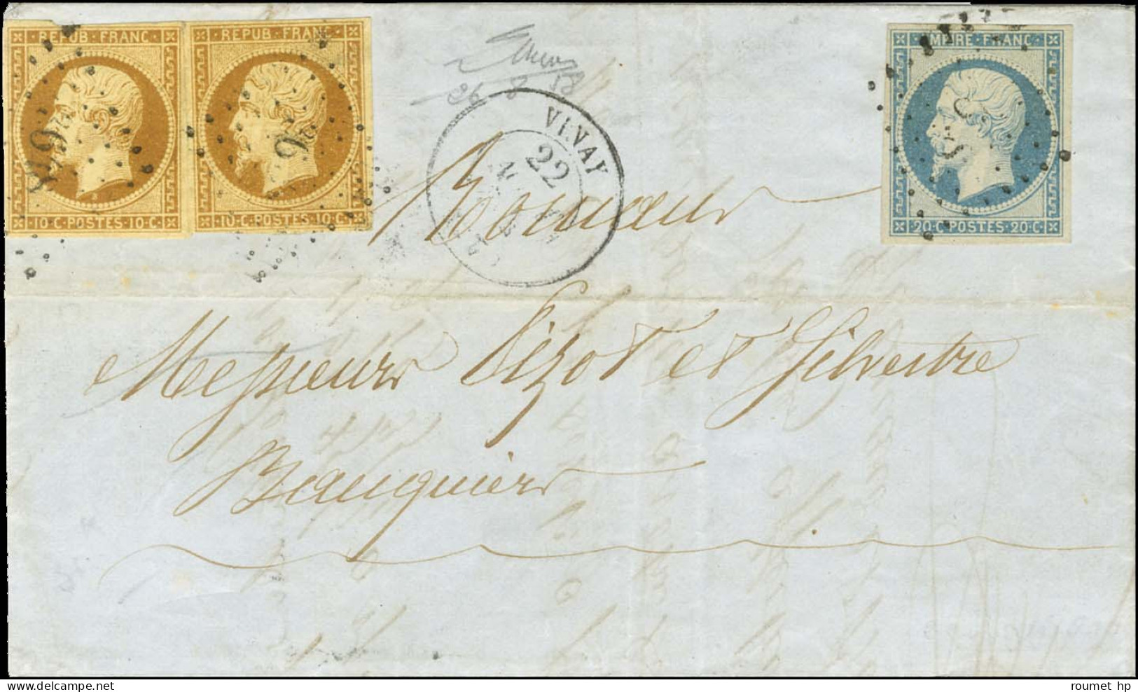 PC 3648 / N° 9 (2) + N° 14 Càd VINAY (37) 22 AOUT 54 Sur Lettre 2 Ports Pour Bauquière. Au Verso, Càd De Passage NYONS.  - 1852 Luis-Napoléon