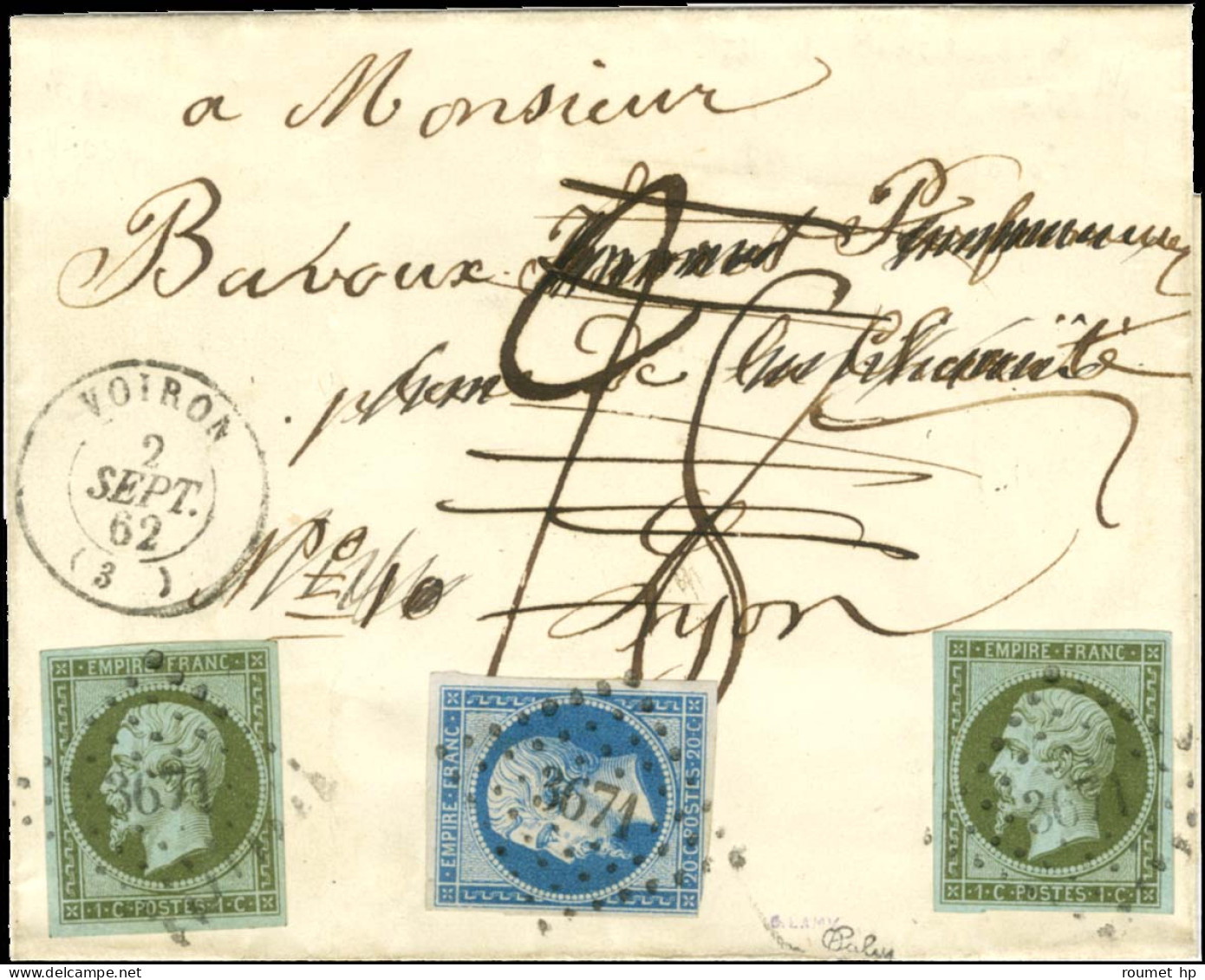 PC 3671 / N° 11 (2) Càd T 15 VOIRON (37) Sur Lettre Territoriale Insuffisamment Affranchie Taxée 28. Au Bureau De Poste  - 1853-1860 Napoléon III.