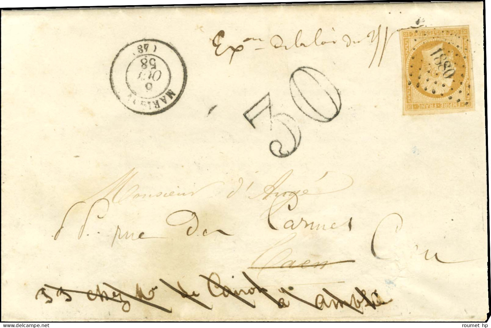 PC 1880 / N° 13 Càd T 15 MARIGNY (48) Taxe 30 DT Sur Double Imprimé Pour Caen Taxé Au Triple De L'insuffisance. Au Recto - 1853-1860 Napoléon III