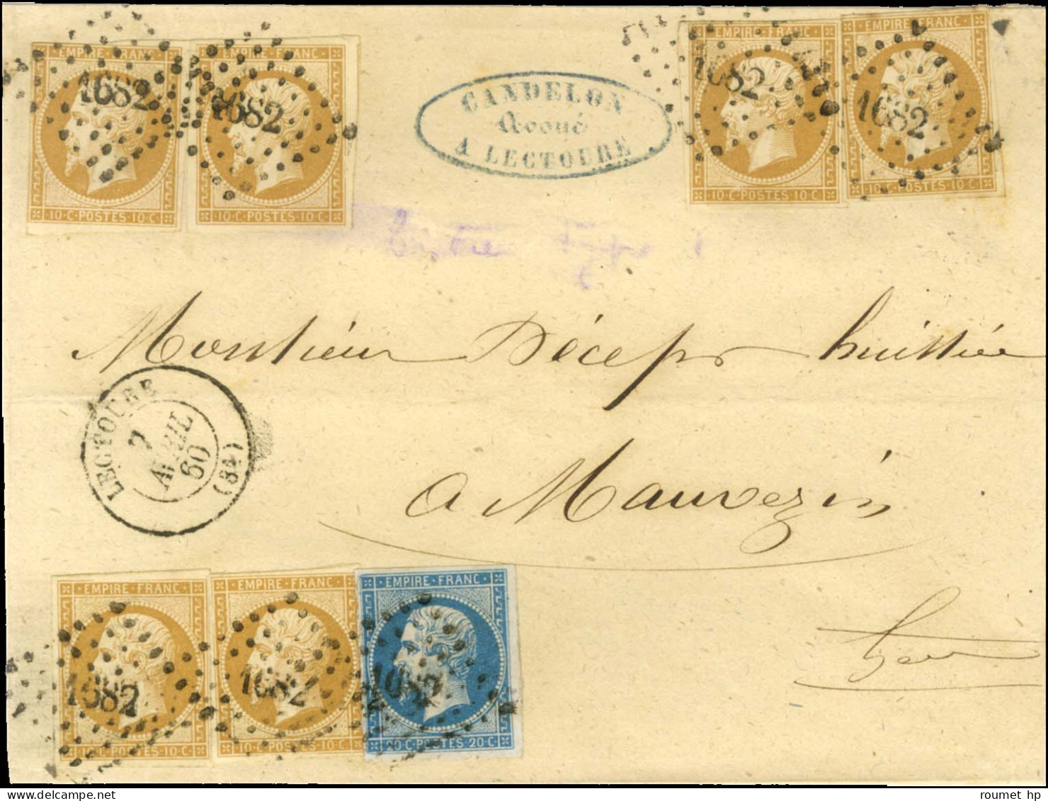 PC 1682 / N° 13 (6 Dont 1 Ex Pd) + 14 Càd T 15 LECTOURE (31) Sur Lettre 3 Ports Pour Mauvezin. Bel Affranchissement Comp - 1853-1860 Napoléon III