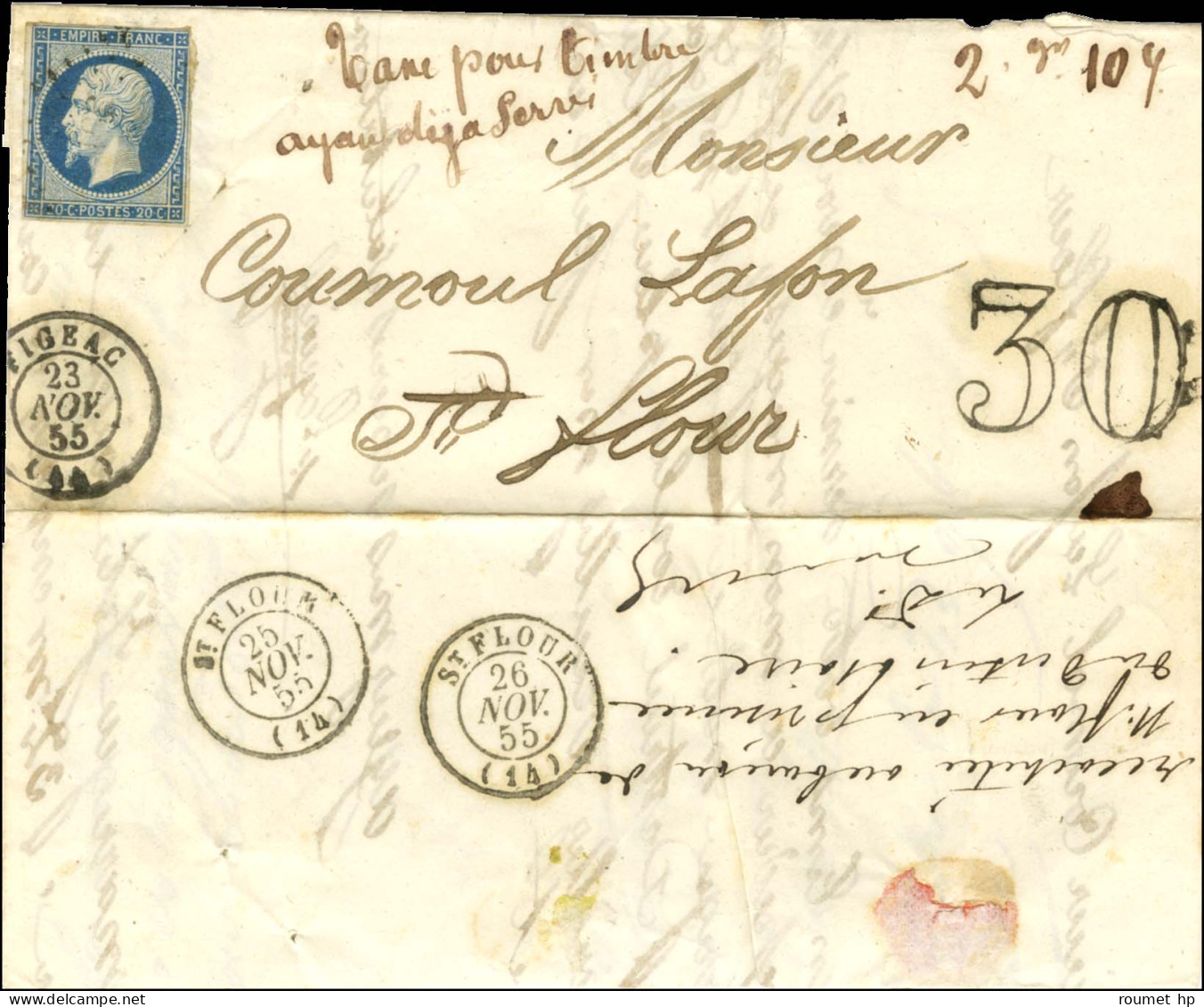PC / N° 14 Càd T 15 FIGEAC (44) 23 NOV. 55 Taxe 30 DT '' Taxe Pour Timbre Ayant Déjà Servi '' Sur Lettre Avec Texte Daté - 1853-1860 Napoléon III.