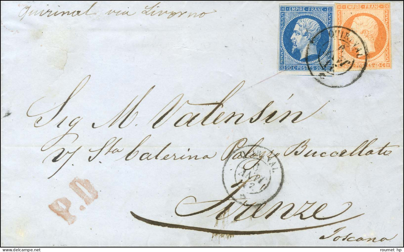 Càd QUIRINAL / * 21 JANV. 9 (dateur Inversé) / N° 14 + N° 16 Sur Lettre Avec Texte Daté De Marseille Le 20 Janvier 1859  - 1853-1860 Napoléon III.