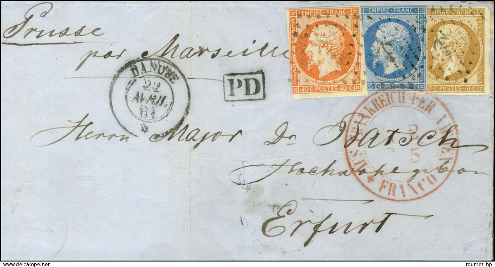 Ancre / N° 13 + N° 14 + N° 16 (filet Effleuré) Càd DANUBE / * 22 AVRIL 61 Sur Lettre Pour Erfurt. Exceptionnelle Combina - 1853-1860 Napoléon III