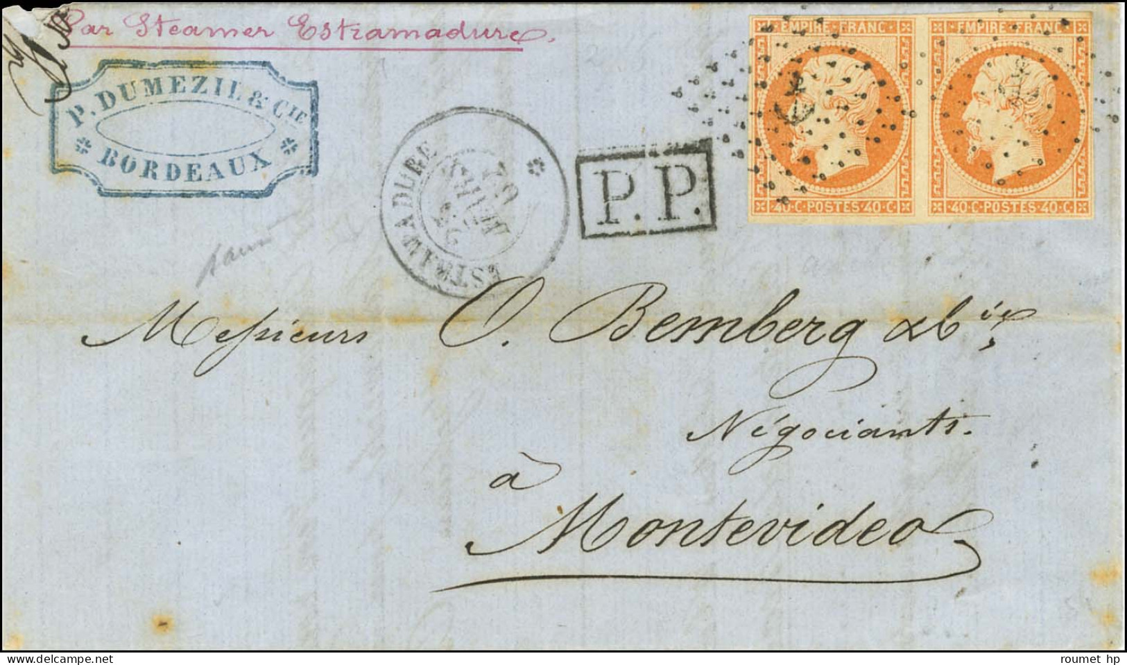 Ancre / N° 16 Paire Càd De Paquebot ESTRAMADURE / * 25 MARS 62 Sur Lettre De Bordeaux Pour Montevideo. - SUP. - RR. - 1853-1860 Napoleon III