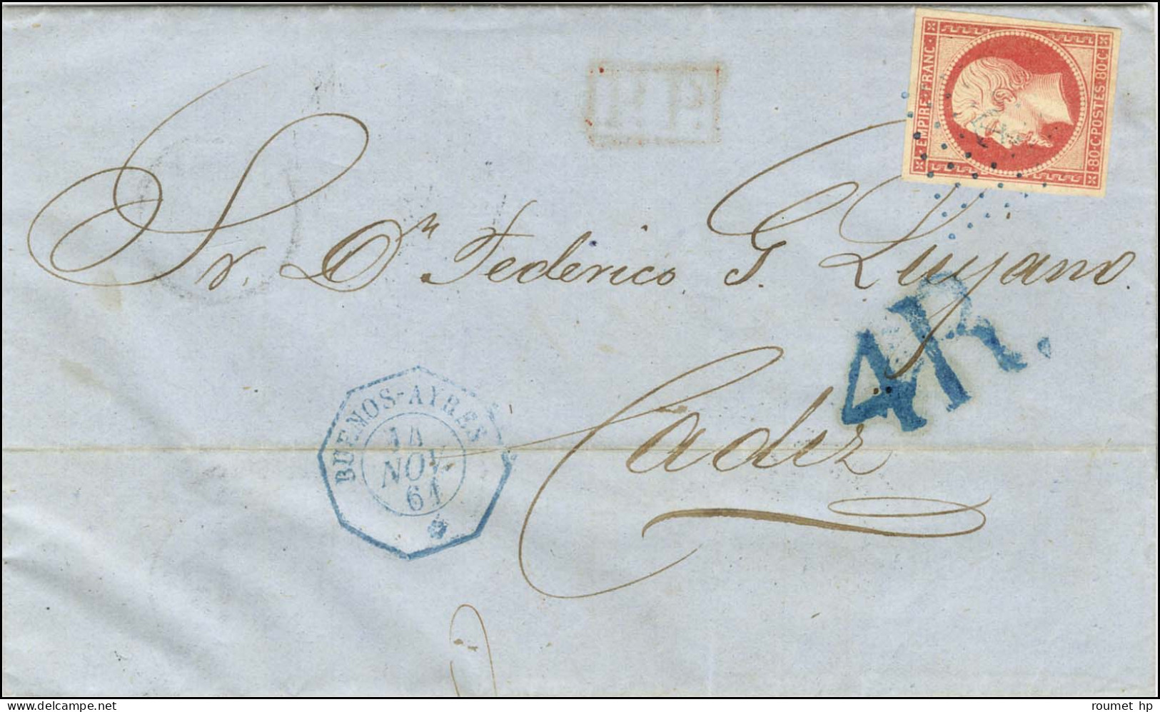 Ancre Bleue / N° 17A Très Belle Marge Càd Octo Bleu BUENOS-AYRES / * 14 NOV. 61 Sur Lettre Pour Cadix, Au Recto Taxe 4R  - 1853-1860 Napoleon III