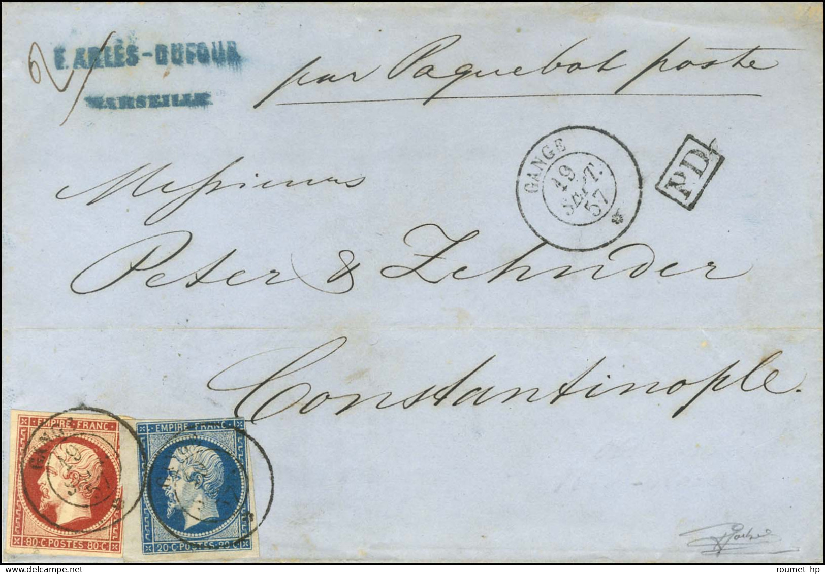 Càd GANGE / * 19 SEPT. 57 / N° 14 (filet Effleuré) + N° 17 Sur Lettre 2 Ports De Marseille Pour Constantinople. Exceptio - 1853-1860 Napoléon III.