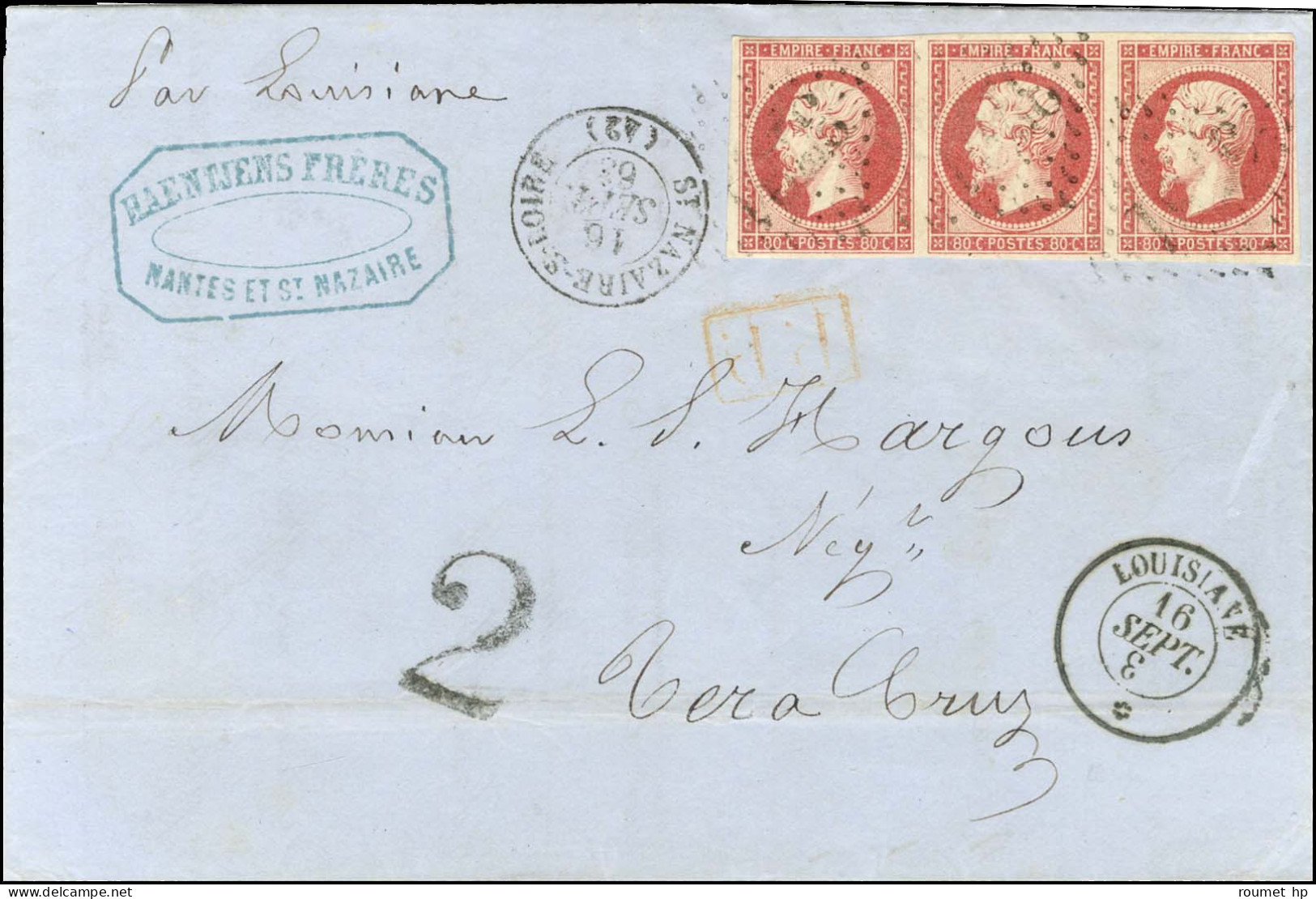 PC 3218 / N° 17 Bande De 3 Belle Nuance Càd T 15 ST NAZAIRE-S-LOIRE (42) + P.P. Rouge Sur Lettre Avec Texte Pour Vera Cr - 1853-1860 Napoléon III.