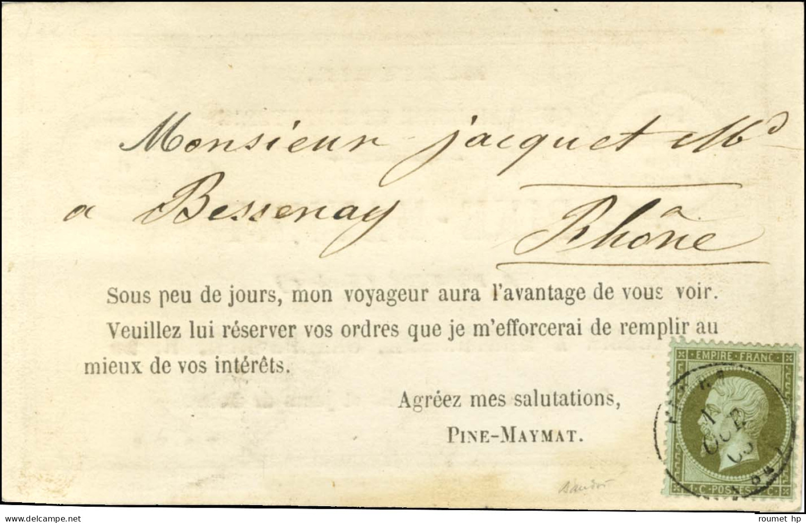 Càd T 15 FEURS (84) / N° 19 Sur Carton Publicitaire Illustré Pour Bessenay. 1863. - TB / SUP. - R. - 1862 Napoléon III