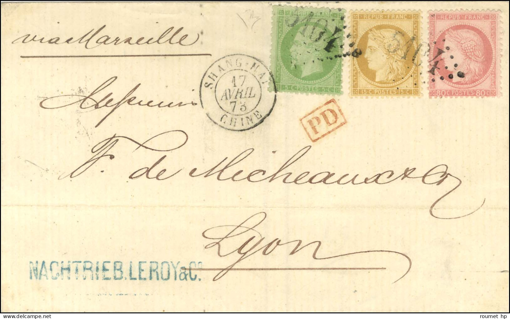 GC 5104 / N° 20 + N° 57 + N° 59 Càd SHANG-HAI / CHINE Sur Lettre Sans Texte Pour Lyon Par La Voie De Marseille. 1873. -  - 1862 Napoléon III.