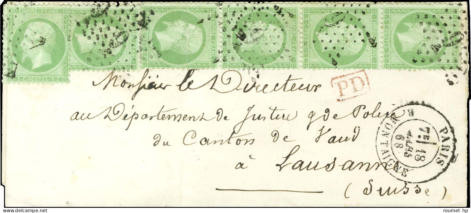 Etoile 9 / N° 20 Bande De 5 (1ex Léger Pli) + 1ex. Càd PARIS / R. MONTAIGNE Sur Lettre Pour Lausanne. 1868. - TB. - R. - 1862 Napoléon III