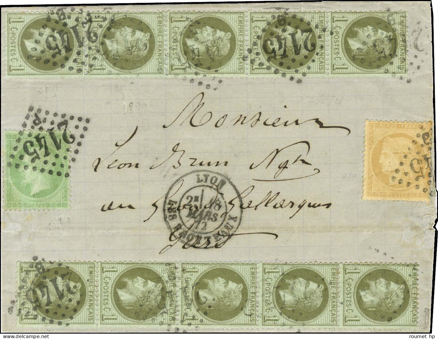 GC 2145 / B / N° 25 (2 Bandes De 5) + N° 20 + N° 59 Càd LYON / LES BROTTEAUX Sur Lettre 2 Ports Pour Aigues-Vives. 1872. - 1863-1870 Napoléon III Lauré