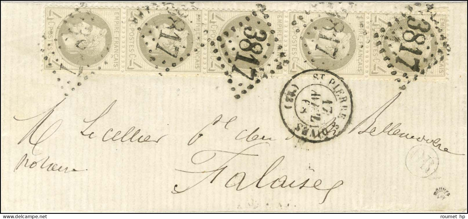 GC 3817 / N° 27 Gris Foncé (bande De 5) Càd T 15 ST PIERRE S DIVES (13) Sur Lettre Pour Falaise. 1868. - TB / SUP. - R. - 1863-1870 Napoleon III With Laurels
