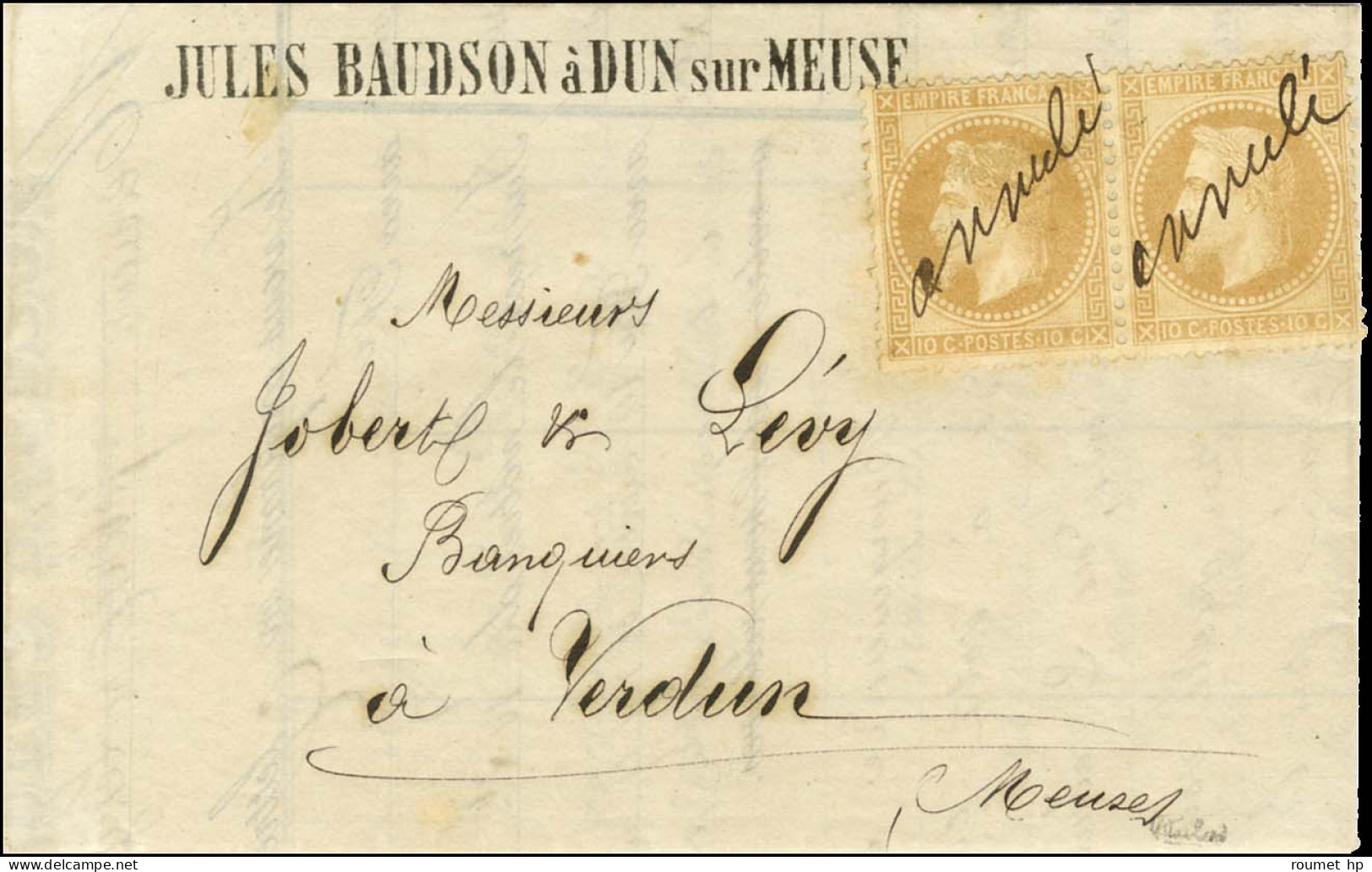 Mention Manuscrite '' Annulé '' / N° 28 Paire Sur Lettre Avec Texte Daté De Dun Sur Meuse Adressée à Verdun. 1871. Excep - 1863-1870 Napoleon III Gelauwerd