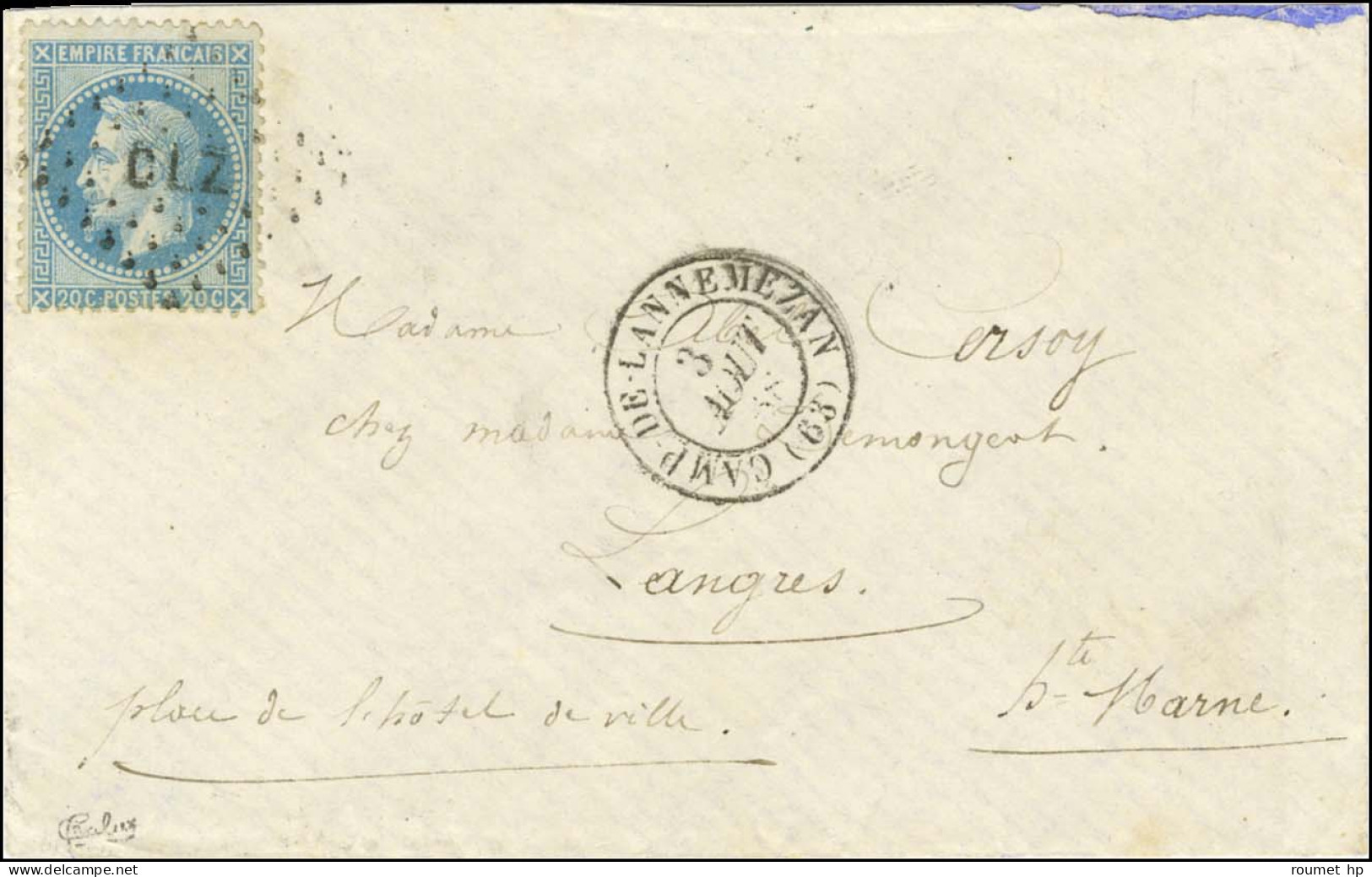 Losange CLZ / N° 29 Càd CAMP DE LANNEMEZAN (63) Sur Enveloppe Sans Texte Pour Langres. 1868. Ex Collection Schatzkes. -  - 1863-1870 Napoléon III. Laure
