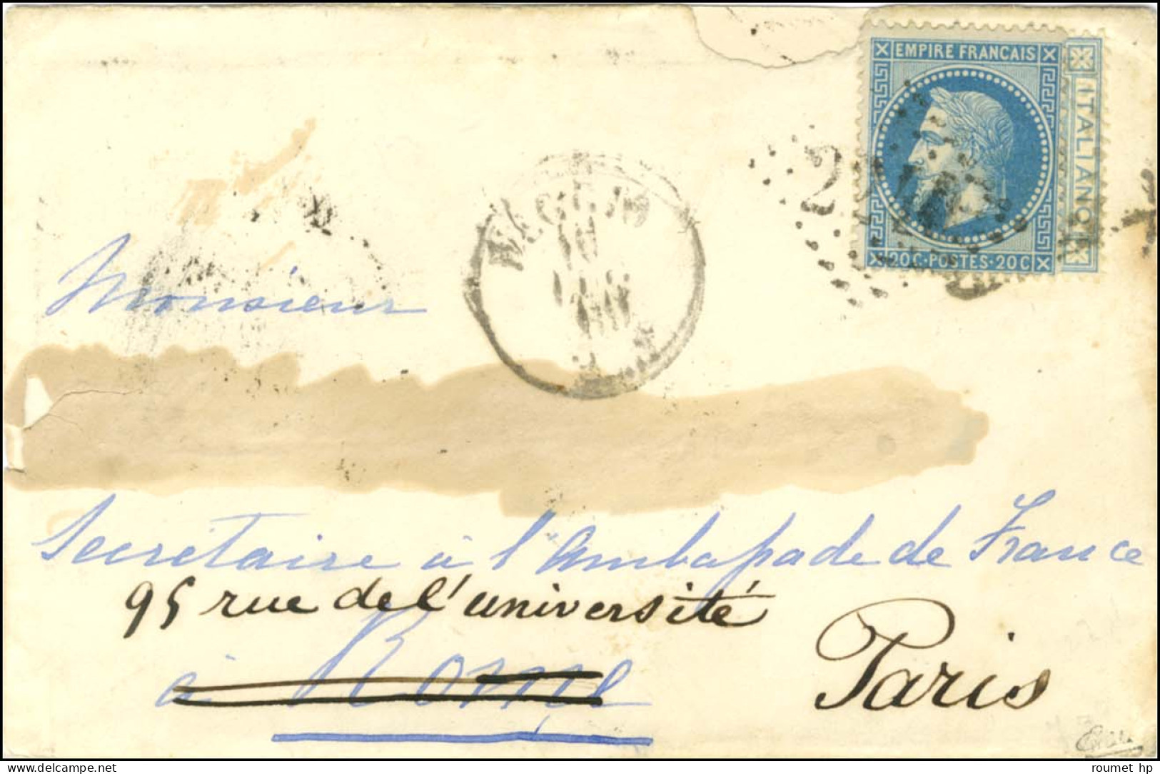 20c Italie Obl REGGIO Sur Lettre Pour Rome Réexpédiée à Marseille Puis à Paris à L'aide D'un N° 29 Obl Du GC 2240 (Marse - 1863-1870 Napoleon III With Laurels