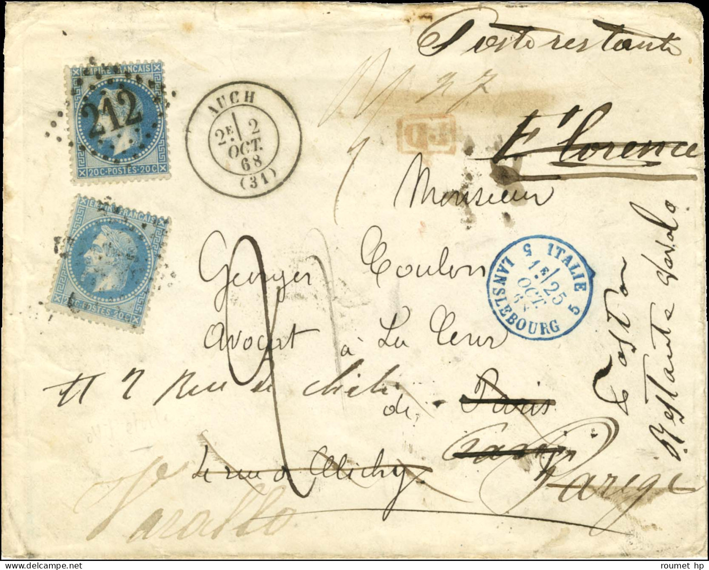 GC 212 / N° 29 Càd T 17 AUCH (31) 2 OCT. 68 Sur Lettre Pour Paris Réexpédiée En Italie à L'aide D'un N° 29 Obl étoile Ch - 1863-1870 Napoléon III. Laure