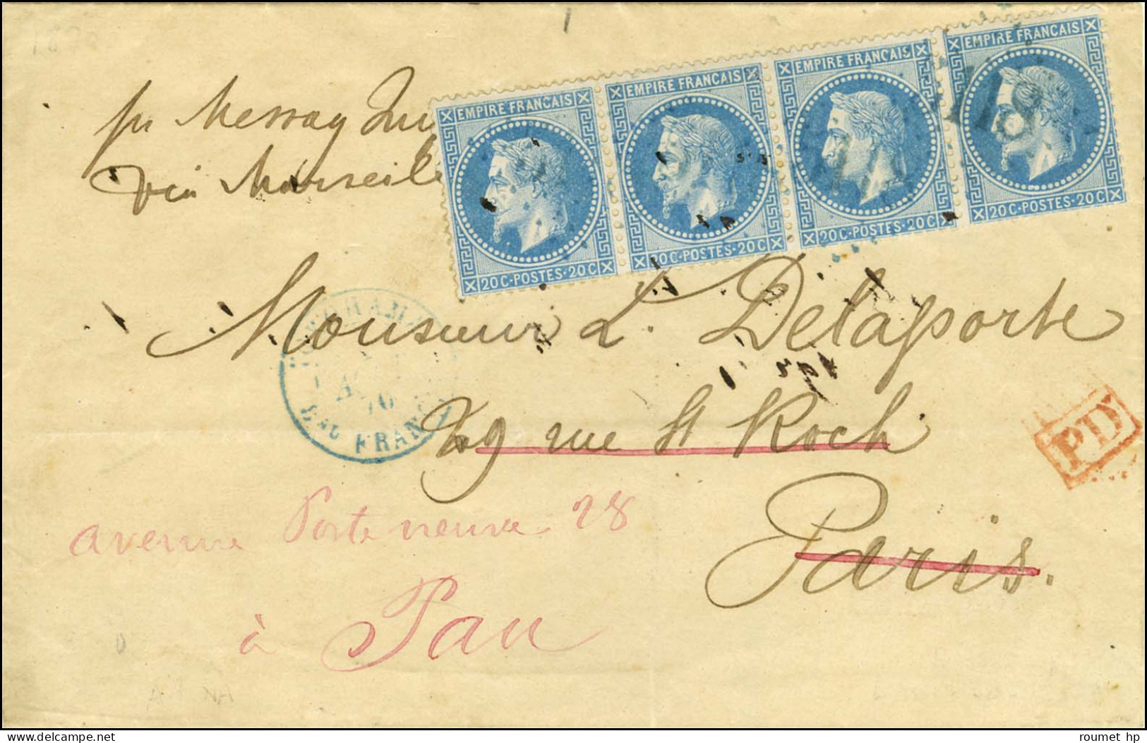 GC Bleu 5118 / N° 29 (bande De 4) Càd Bleu YOKOHAMA / Bau FRANCAIS 1 AOUT 70 Sur Lettre Pour Paris Par La Voie De Marsei - 1863-1870 Napoléon III Lauré