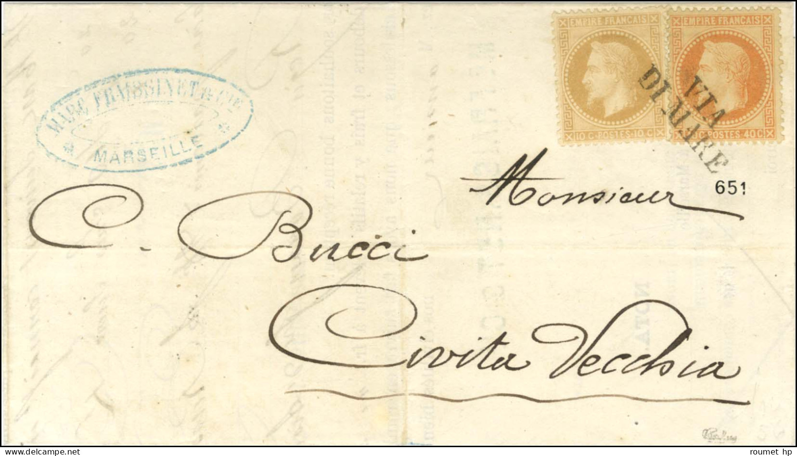 Griffe VIA / DI MARE / N° 28 + N° 31 Sur Lettre Avec Texte Daté De Marseille Le 30 Janvier 1870 Pour Civita Vecchia. - S - 1863-1870 Napoleon III With Laurels