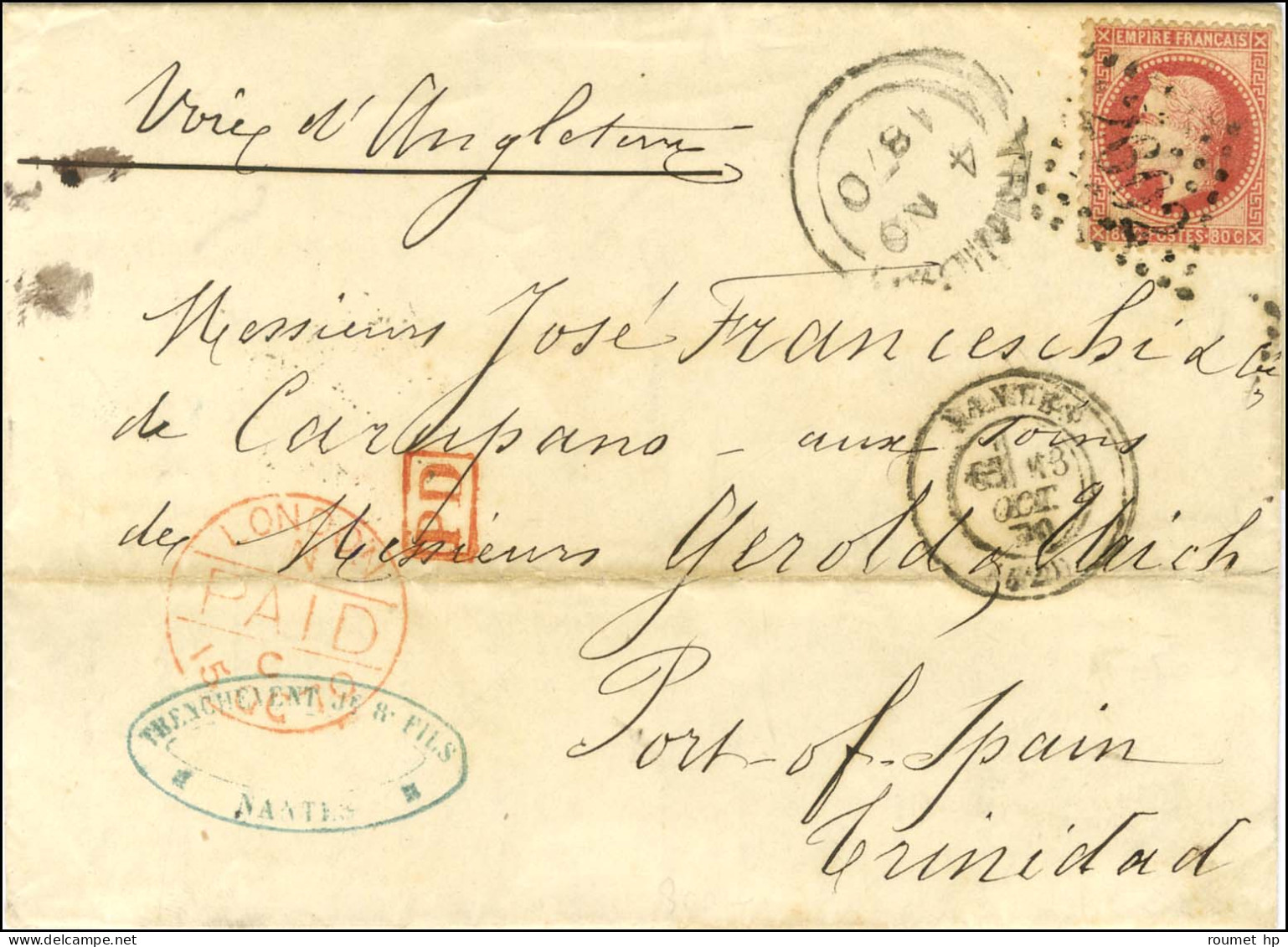 GC 2602 / N° 32 Càd T 17 NANTES (42) Sur Lettre Acheminée Jusqu'à Trinidad Pour être Remise à Carupano, Au Recto Càd De  - 1863-1870 Napoleon III With Laurels