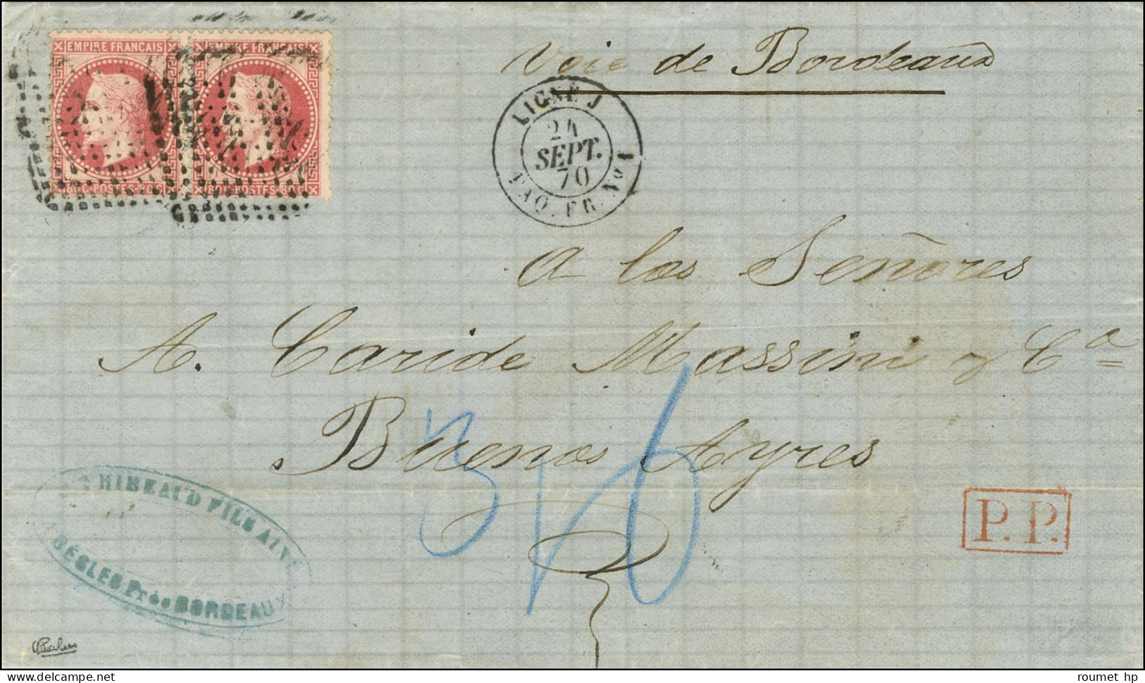 Losange De Fortune De 144 Points / N° 32 Paire Càd LIGNE J / PAQ.FR.N° 1 24 SEPT. 70 Sur Lettre 2 Ports Avec Texte De Bè - 1863-1870 Napoléon III Lauré