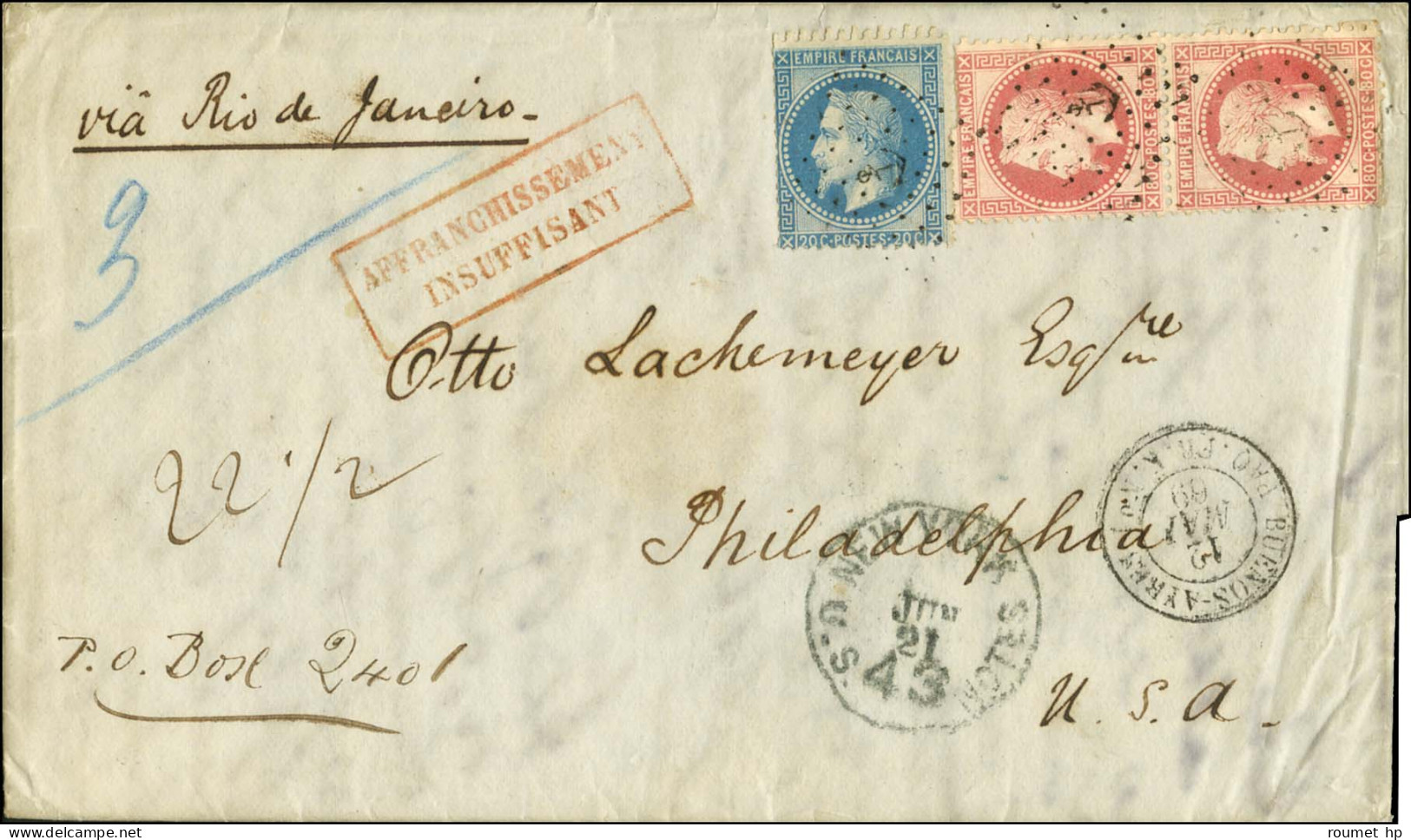 Lettre Avec Texte Daté De Buenos Aires Le 11 Mai 1869 Adressée à New York Par La Voie Française Jusqu'à Rio De Janeiro,  - 1863-1870 Napoleon III With Laurels