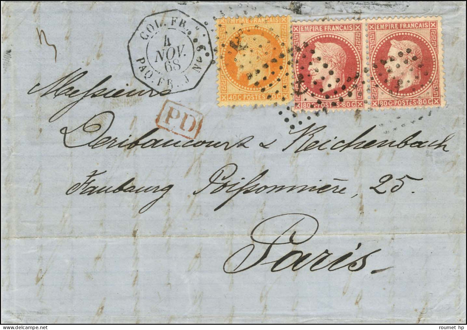 Ancre / N° 31 + N° 32 Paire Càd Octo COL. FR / PAQ. FR J N° 2 4 NOV. 68 Sur Lettre 2 Ports Avec Texte Daté Mouillage De  - 1863-1870 Napoleon III With Laurels