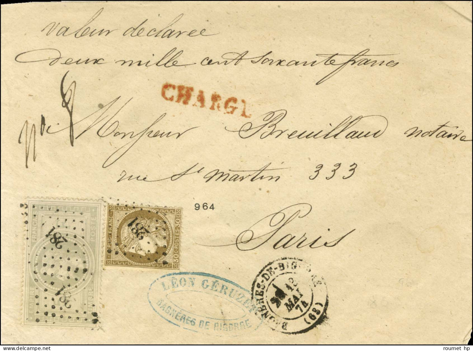 PC Du GC 281 / N° 33 + 56 Càd T 17 BAGNERES-DE-BIGORRE (63) Sur Lettre Chargée Pour Paris. Au Verso, Descriptif Rouge De - 1863-1870 Napoleon III With Laurels