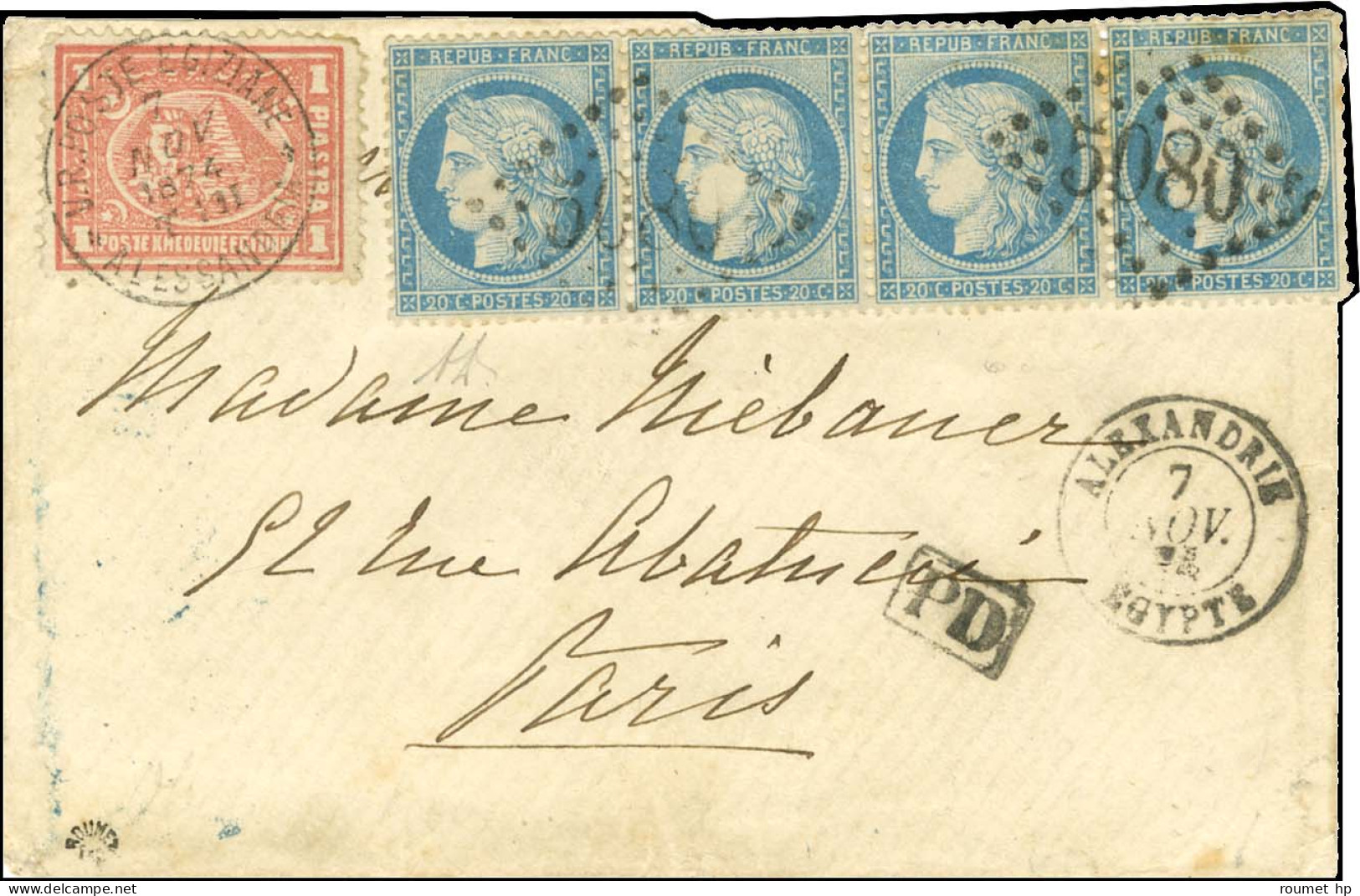 Càd V.R.POSTE EGIZIANE / ALESSANDRIA 7 NOV 1874 + GC 5080 / N° 37 (bande De 4, 1ex Infime Def) Càd ALEXANDRIE / EGYPTE 7 - 1870 Siege Of Paris