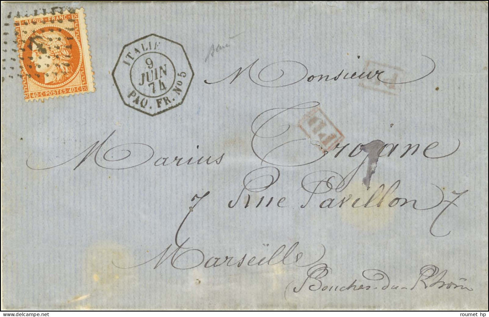 Ancre / N° 38 Càd Octo ITALIE / PAQ.FR. N° 5 Sur Lettre De Naples Pour Marseille. 1874. Première Pièce Vue. - TB / SUP.  - 1870 Beleg Van Parijs