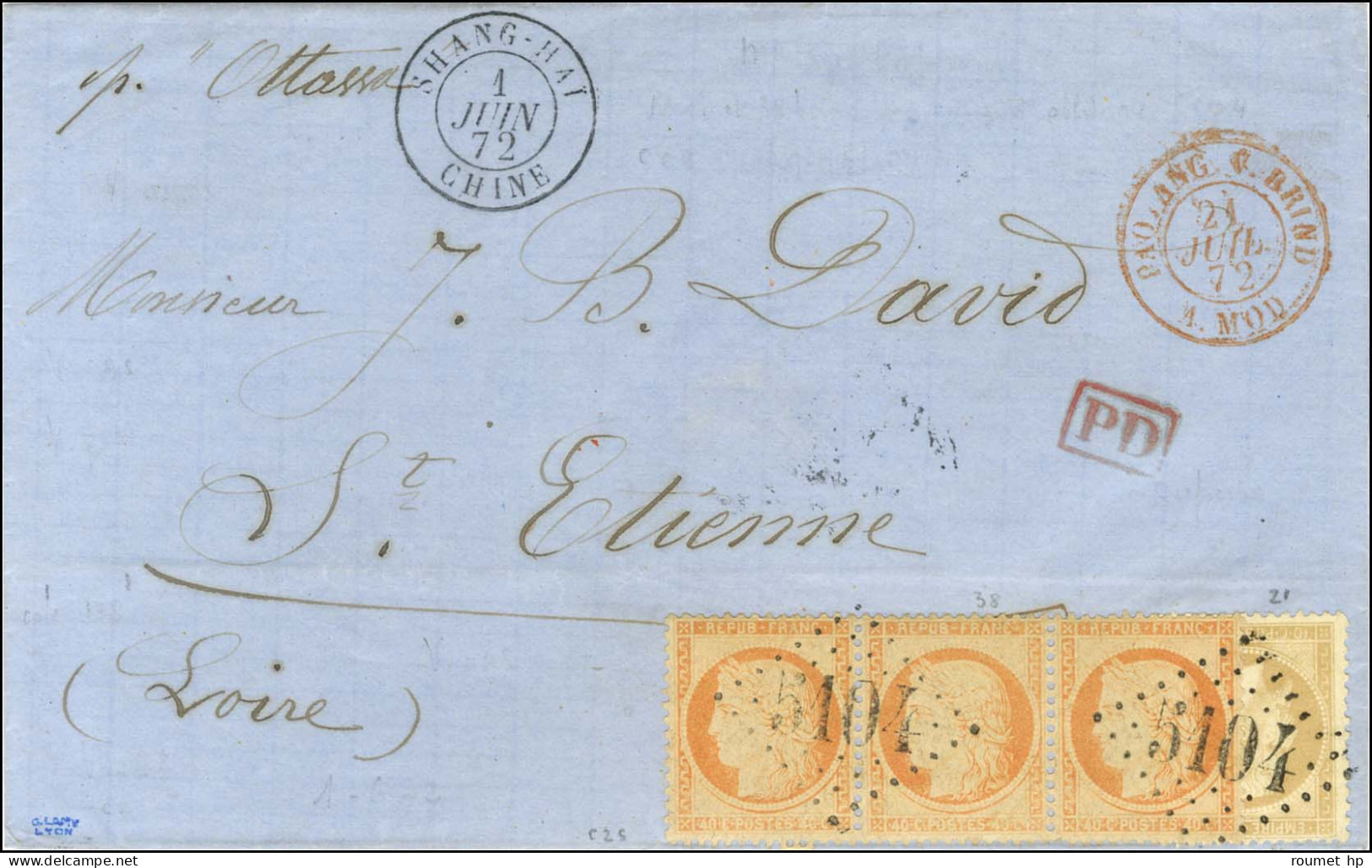 GC 5104 / N° 21 Empire Dentelé + N° 38 (bande De 3) Càd SHANG-HAI / CHINE Sur Lettre Pour St Etienne. 1872. - SUP. - R. - 1870 Belagerung Von Paris