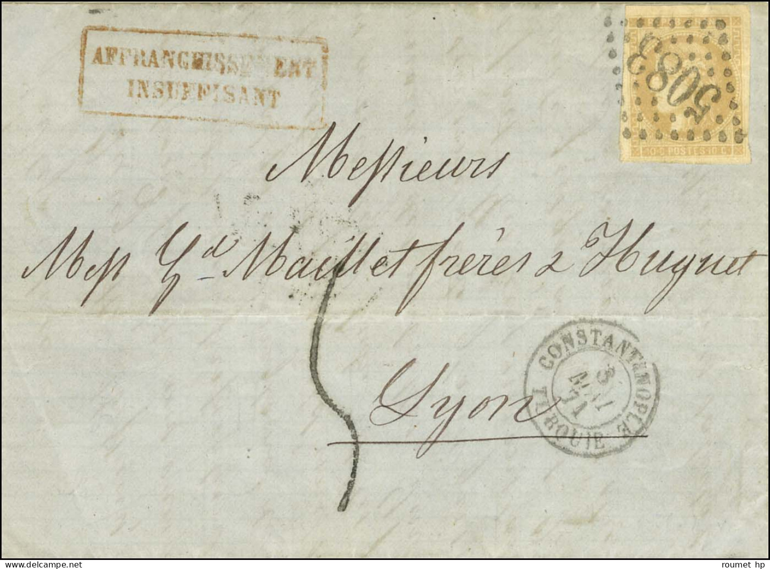 GC 5083 / N° 43 Nuance Verdâtre Càd CONSTANTINOPLE / TURQUIE 3 MAI 71 Sur Lettre Insuffisamment Affranchie Pour Lyon, Ta - 1870 Uitgave Van Bordeaux