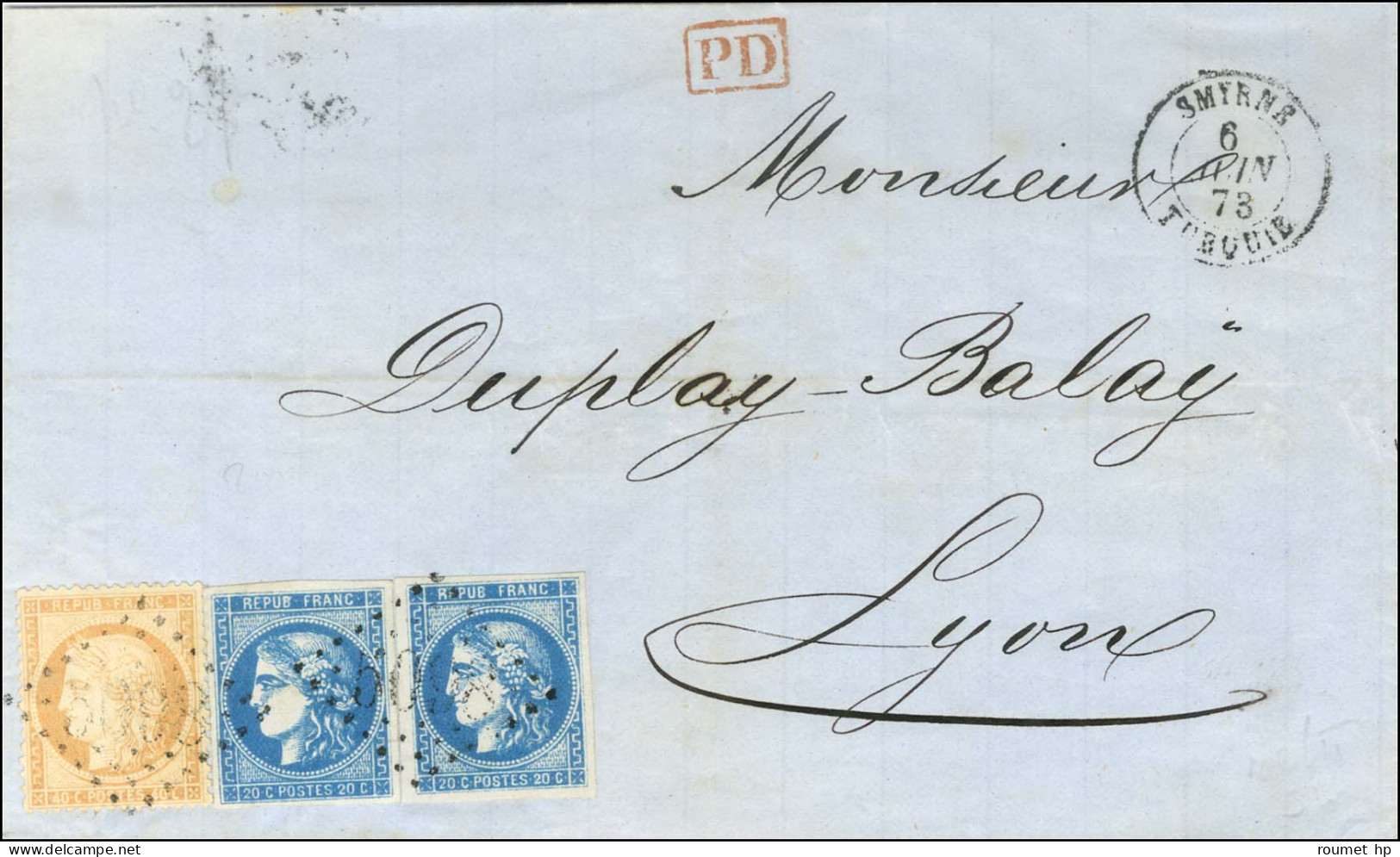 GC 5098 / N° 38 + N° 46 (2) Càd SMYRNE / TURQUIE Sur Lettre Pour Lyon. 1873. - SUP. - R. - 1870 Ausgabe Bordeaux