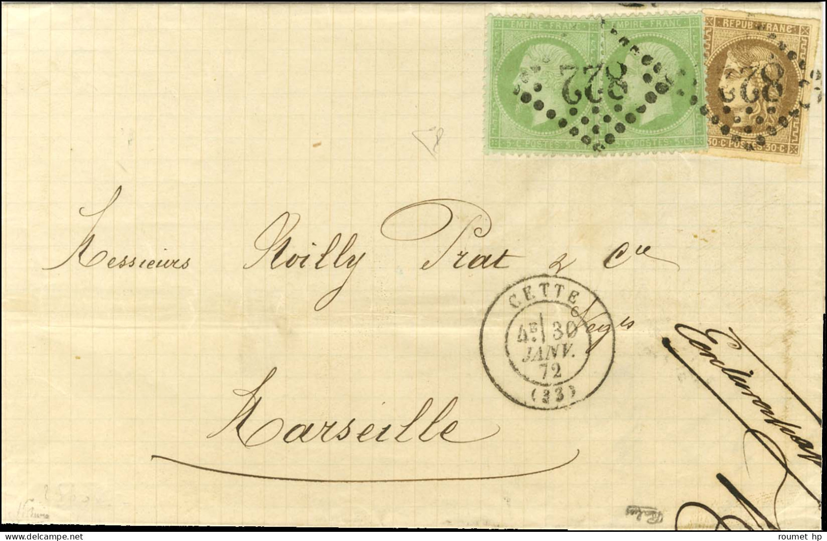 GC 822 / N° 20 (2) + N° 47 Belles Marges Càd T 17 CETTE (33) Sur Lettre Sans Texte Pour Marseille. 1872. - SUP. - R. - 1870 Bordeaux Printing