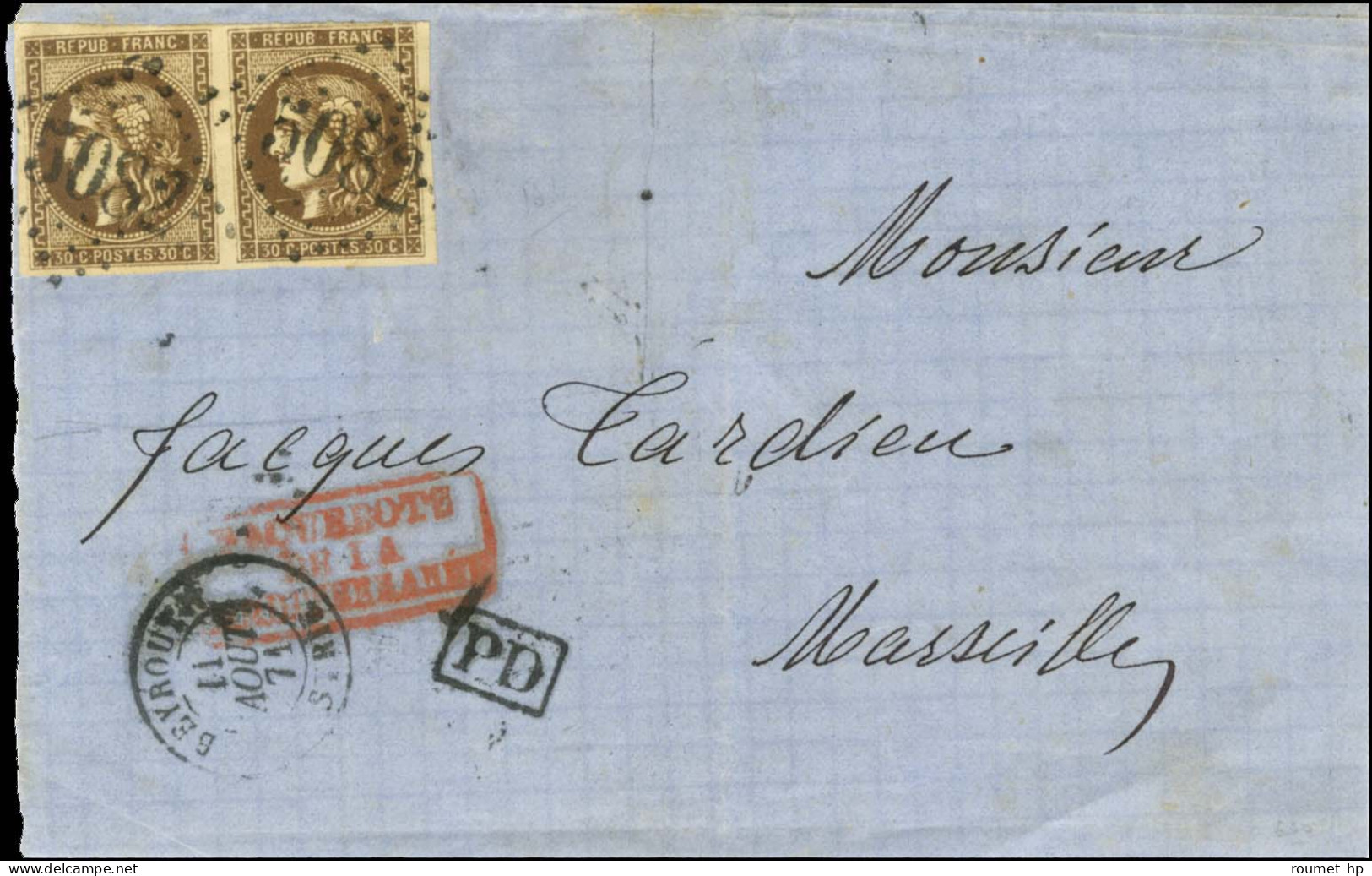 GC 5082 / N° 47 Brun Très Foncé (paire) Càd BEYROUTH / SYRIE Sur Lettre Pour Marseille. 1871. - TB / SUP. - R. - 1870 Ausgabe Bordeaux