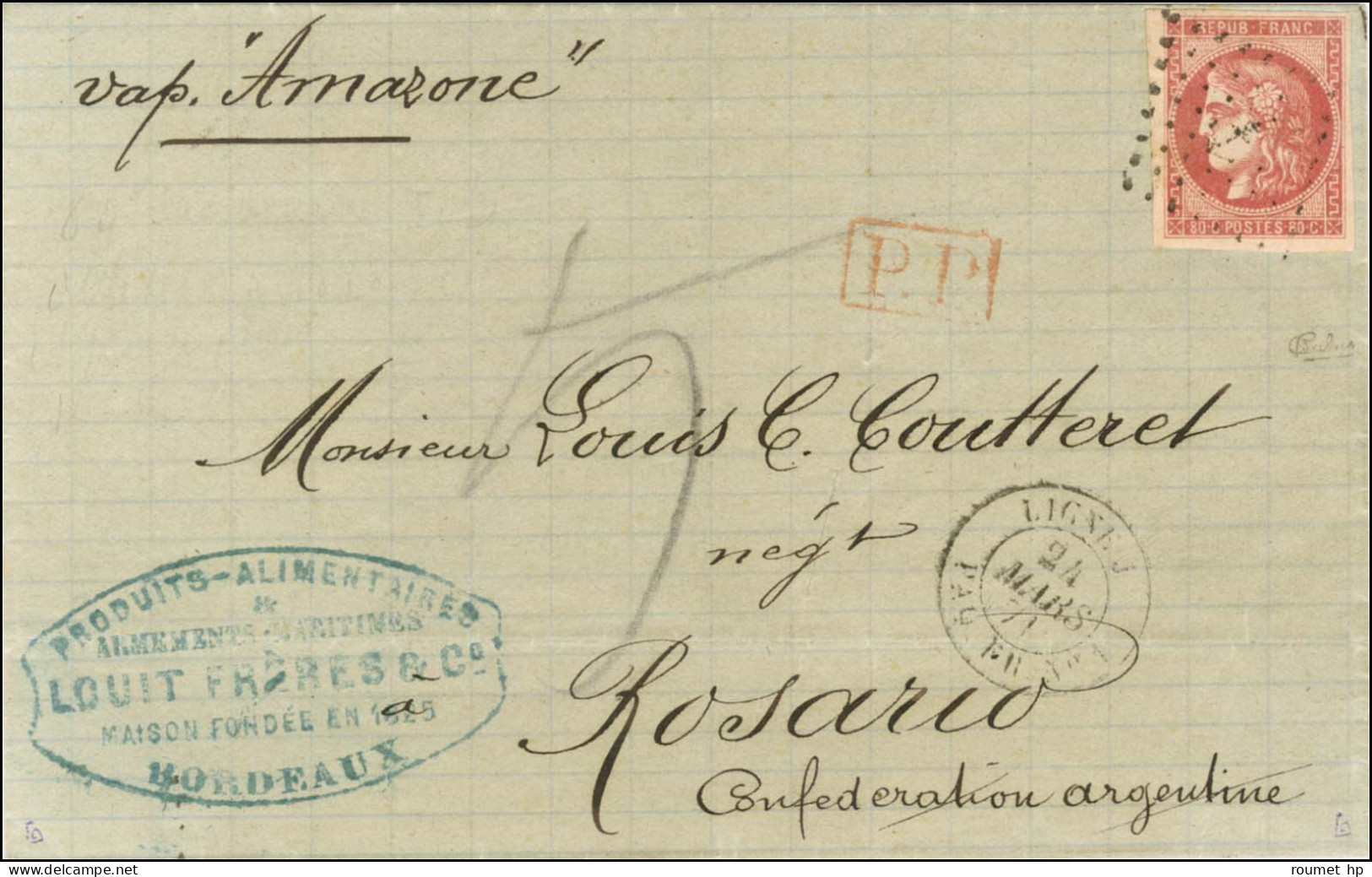 Ancre / N° 49 Belles Marges Càd LIGNE J / PAQ. FR N° 1 Sur Lettre De Bordeaux Pour Rosario. Au Recto, Taxe 5 Au Crayon P - 1870 Ausgabe Bordeaux