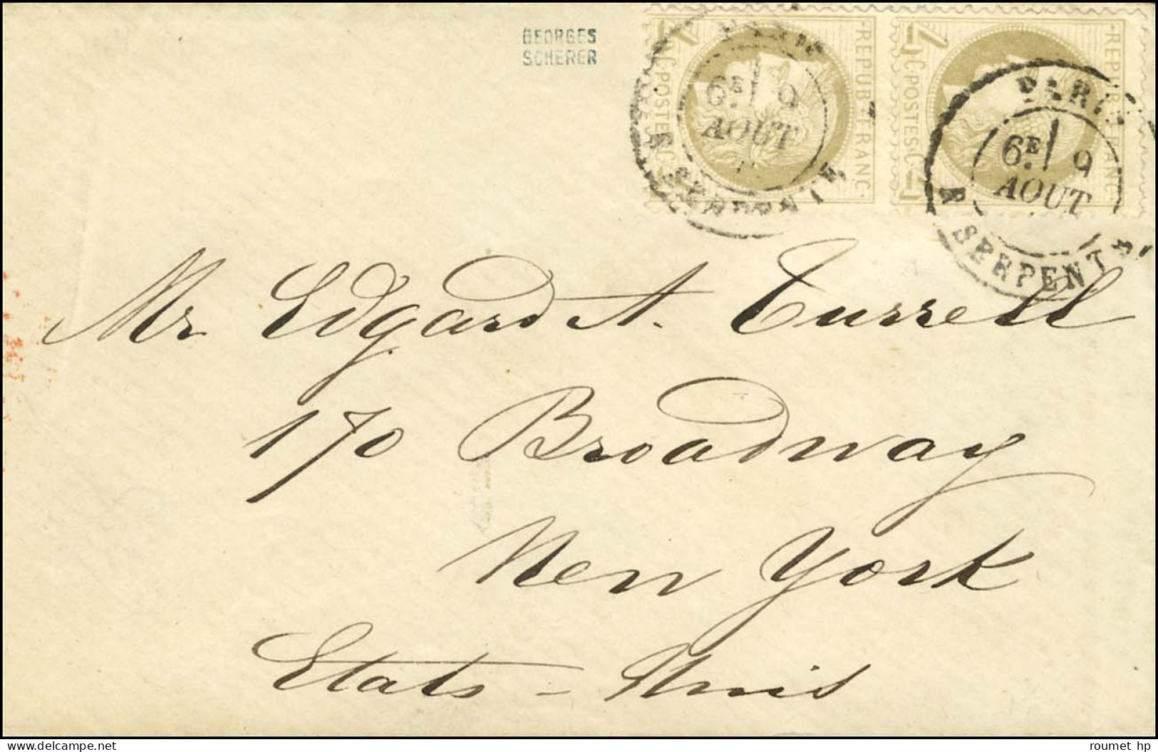 Càd PARIS / R. SERPENTE / N° 52 Paire Sur Enveloppe Ouverte Pour New York. Au Verso, Càd D'arrivée NEW YORK / PAID ALL.  - 1871-1875 Cérès