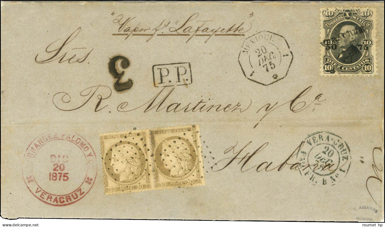 Mexique 10 Centavos + Ancre / N° 56 Paire Càd Octo 1 MEXIQUE 1 / * 20 DEC. 75 + Càd Octo VERA CRUZ / PAQ. FR B N° 1 Sur  - 1871-1875 Ceres