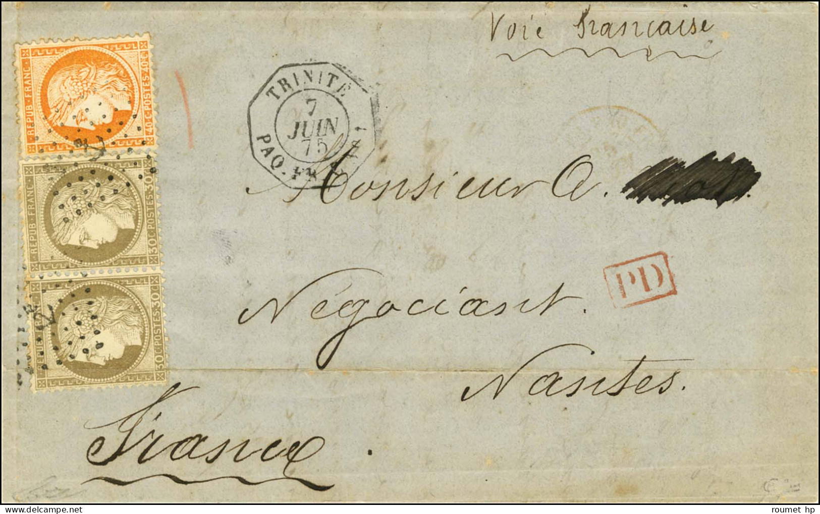 Ancre / N° 38 + N° 56 Paire Càd Octo TRINITÉ / PAQ. FR. C N° 1 7 JUIN 75 Sur Lettre De Trinidad Pour Nantes. Au Verso, C - 1871-1875 Cérès