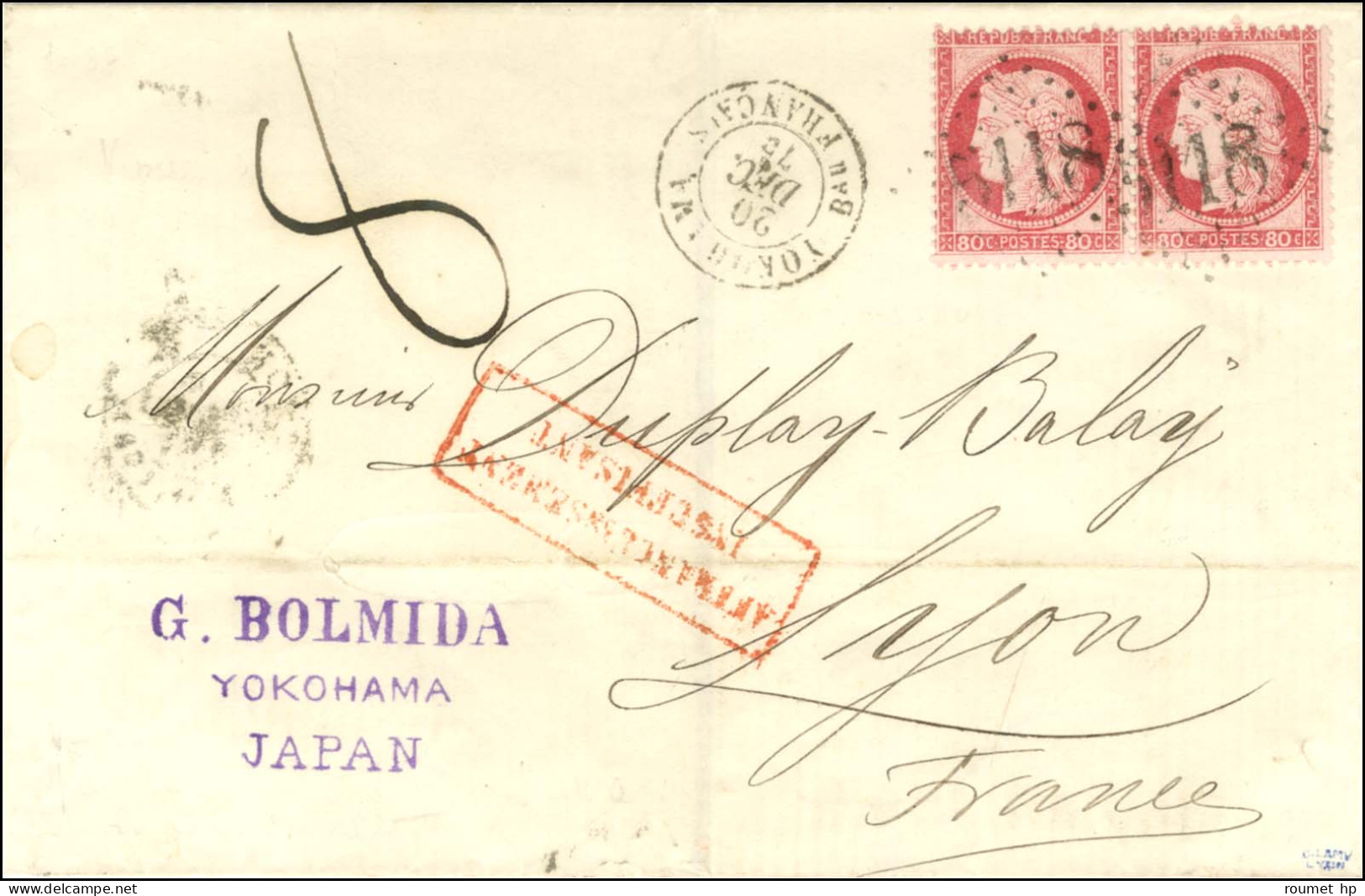 GC 5118 / N° 57 Paire Càd YOKOHAMA / Bau FRANCAIS Sur Lettre Insuffisamment Affranchie Pour Lyon Taxée 8. 1876. - TB / S - 1871-1875 Cérès