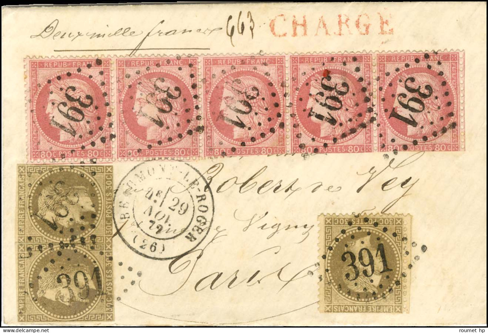 GC 391 / N° 30 (3) + N° 57 (bande De 5) Càd T 17 BEAUMONT-LE-ROGER (26) Sur Enveloppe Sans Texte Chargée Pour Paris. 187 - 1871-1875 Cérès
