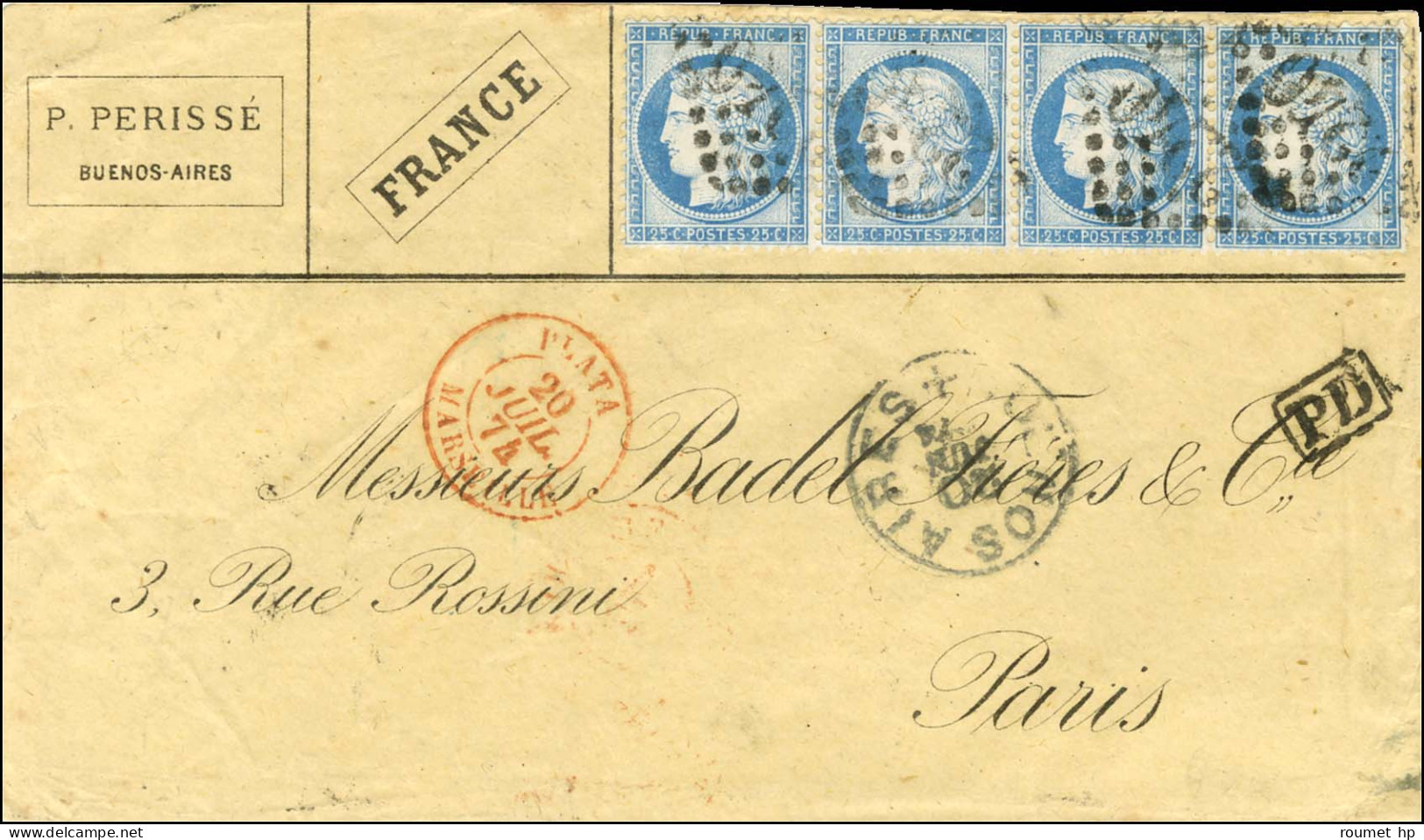 Griffe Bleue E / TP Argentine 5 Centavos Paire (au Verso), Au Recto GC 2240 / N° 60 Type III Bande De 4 (frappés Au Déba - 1871-1875 Cérès